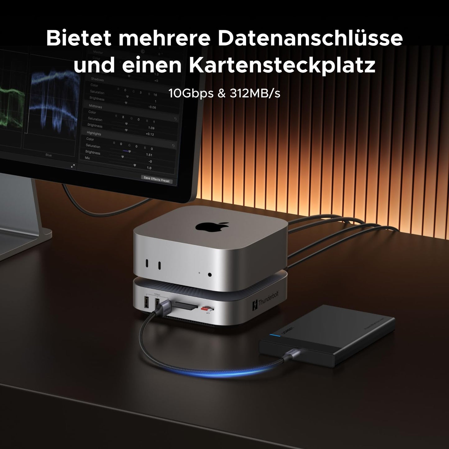 UGREEN Maxidok Thunderbolt 5 Mac mini Dock, Revodok 10-in-1 TBT5 Docking Station, 120Gbps Datentransfer, 8TB M.2 NVMe SSD, Single 8K/ Dual 6K@60Hz, SD/TF 4.0, Kühlsystem für Mac mini M4/M4 Pro