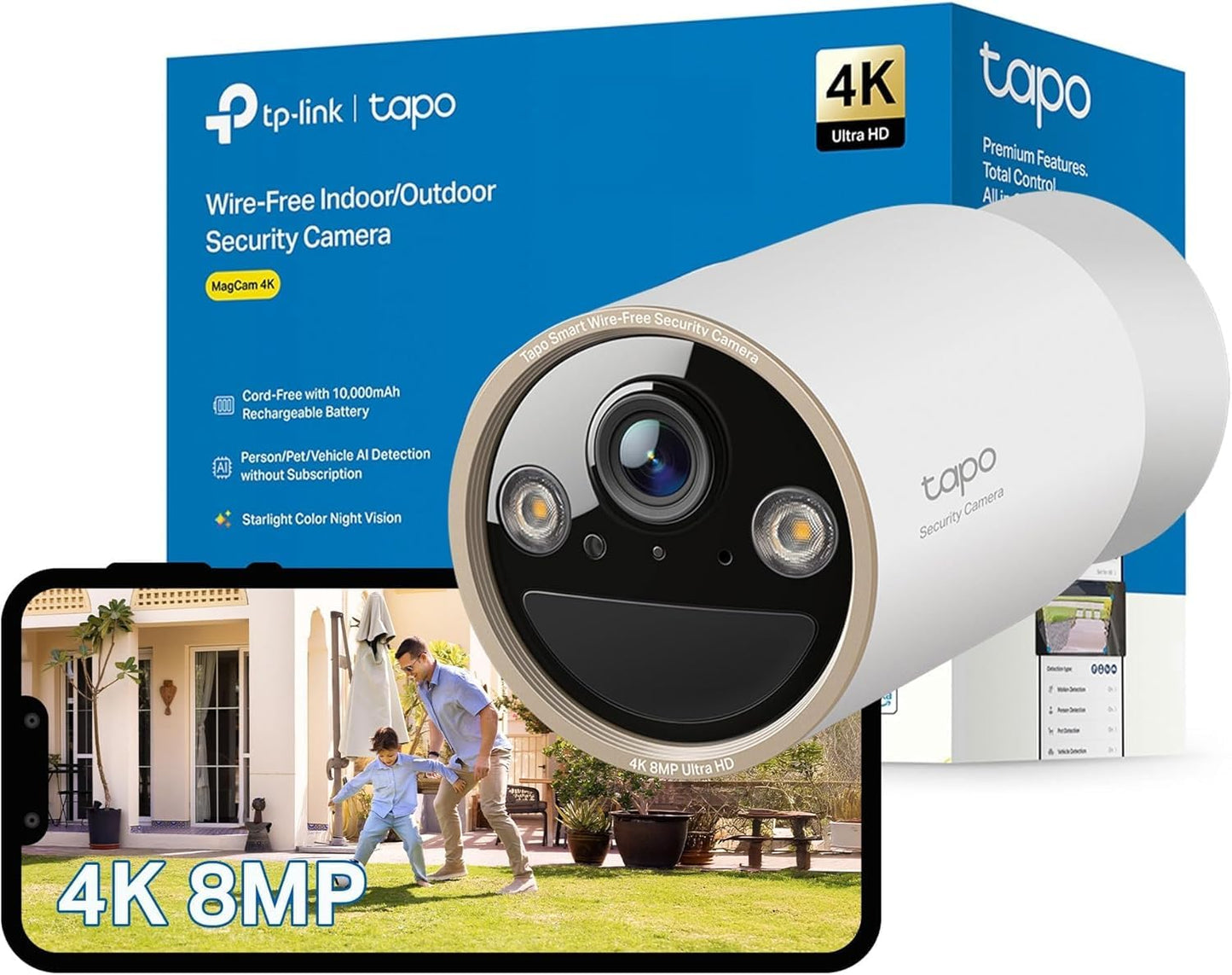 Tapo C460 4K 8MP Überwachungskamera Aussen Akku, Starlight-Farb-Nachtsicht, Dual-Band WLAN, Magnetfuß, Verschlüsselte microSD-Aufzeichnung, KI-Erkennung, 10000-mAh-Akku
