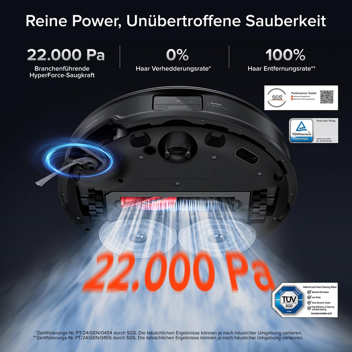 roborock Saros 10R Set Saugroboter mit Wischfunktion&angebbarem Wischmopp, 22.000 Pa HyperForce Saugkraft, 7,98cm Ultra-Slim Design, StarSight System 2.0, Zero-Tangle System (Mit 2 Wischmopps)