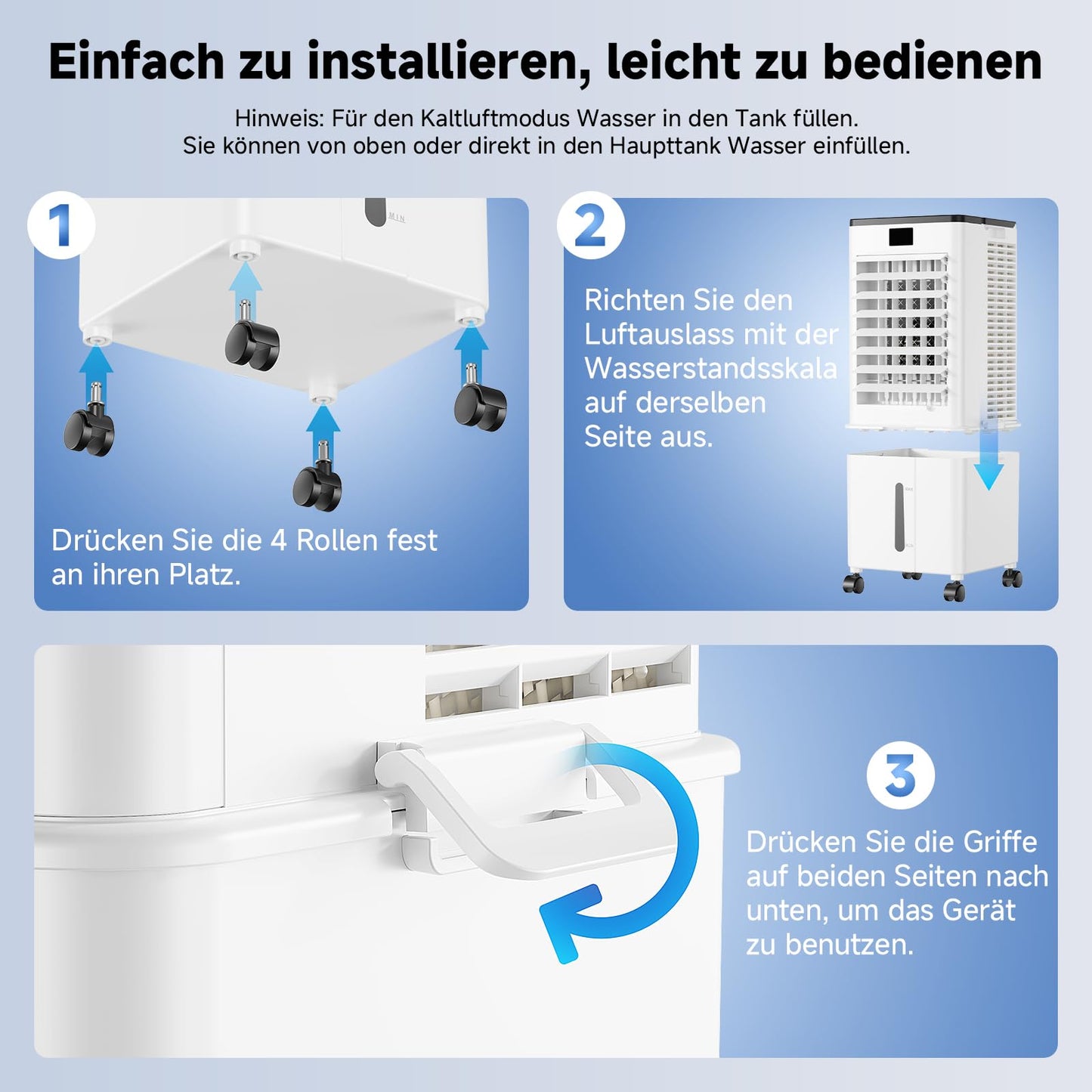 Klimagerät ohne Abluftschlauch 10L, 60W Klimaanlage Mobil, 12H Timer, klimaanlage ohne abluftschlauch 3 Modus, 120°Oszillation, Abnehmbare Wassertank, Tragbarer Luftkühler für Zuhause Büro Perlweiß