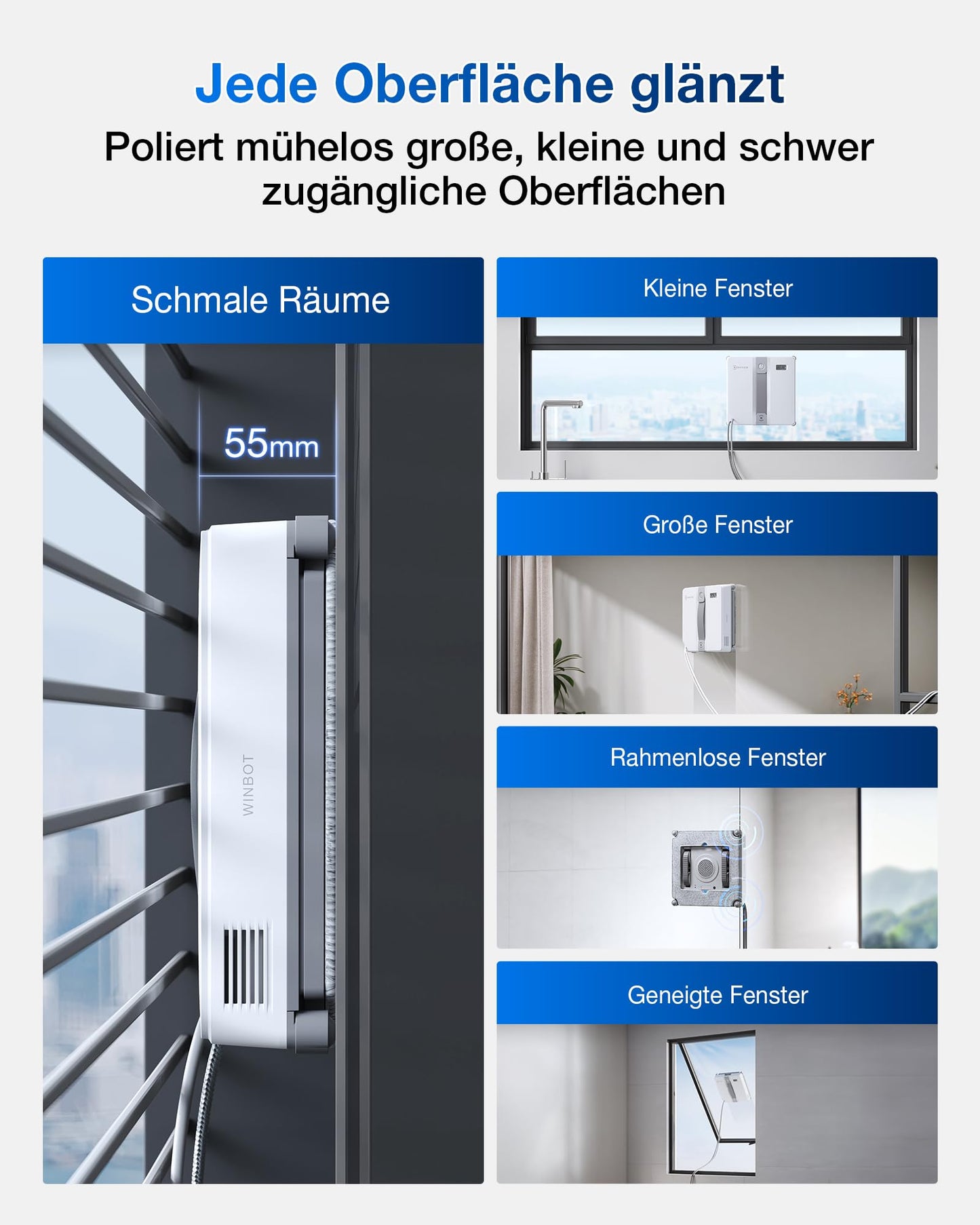 ECOVACS WINBOT Mini Fensterputzroboter, kompaktes Design, Doppel-Düsen mit Ultraschall-Zerstäubung, 9-Stufen-Schutzsystem, intelligente Pfadplanung, 4 Reinigungsmodi, Anti-Rutsch-System, Grau