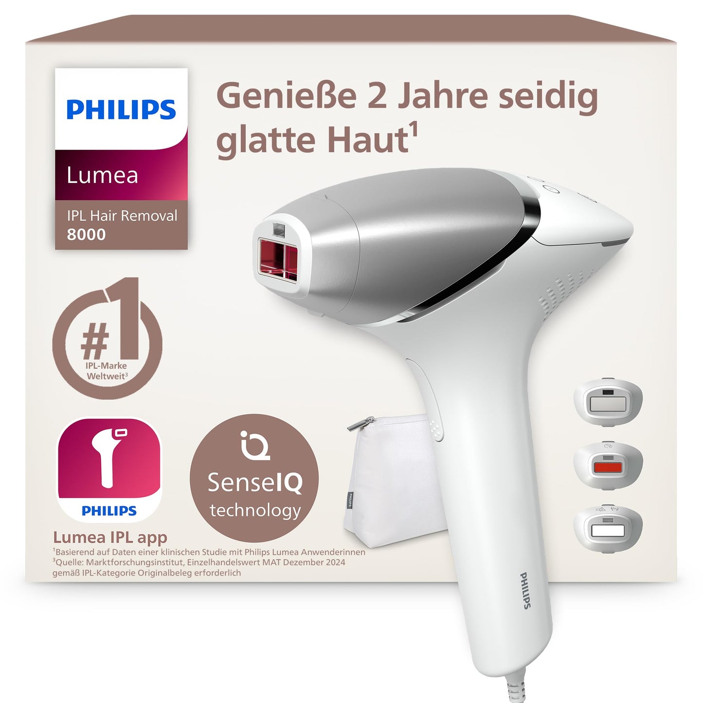 Philips Lumea IPL 8000 Series - IPL Geräte Haarentfernung für bis zu 2 Jahre seidig-glatte Haut¹ mit 3 Aufsätzen für Körper & Gesicht, Alternative zur Laser-Haarentfernung (BRI946/00)