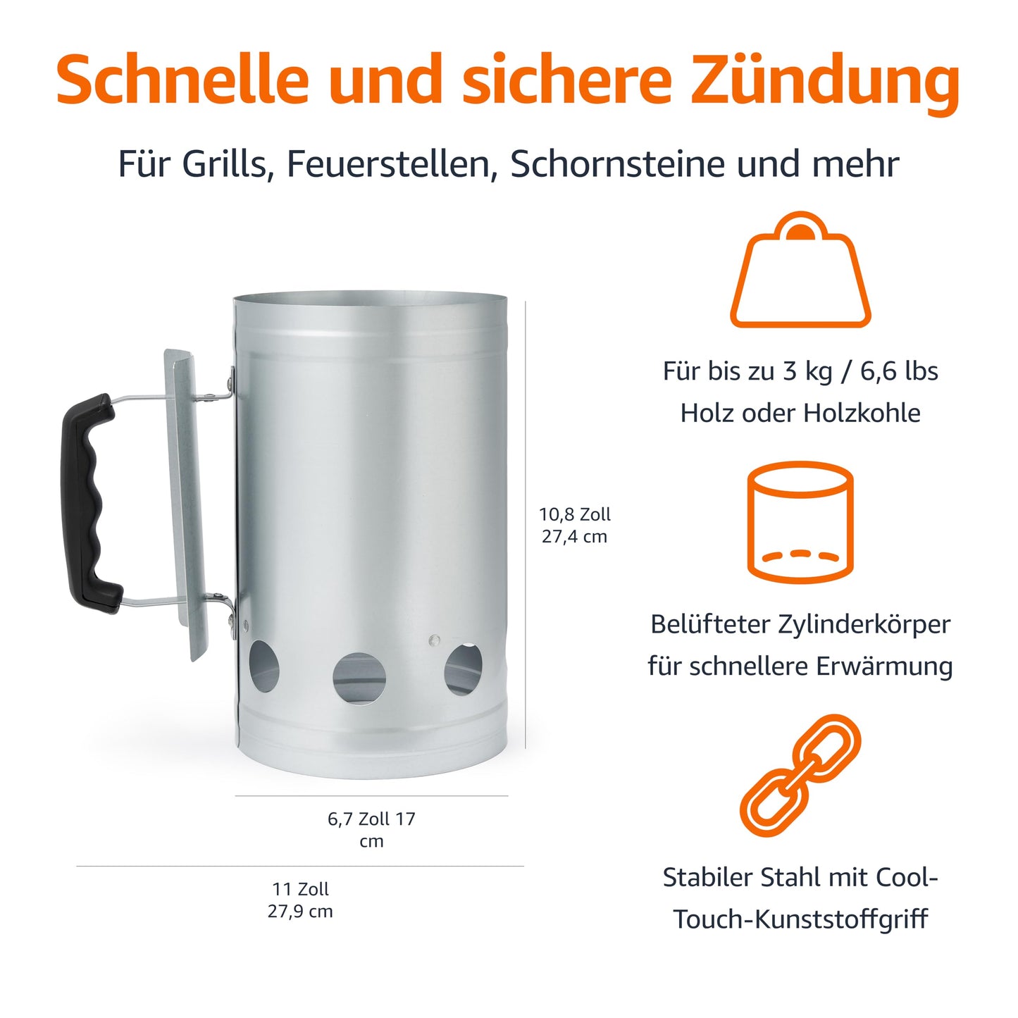 Amazon Basics Anzündkamin aus Verzinktem Stahl, Kohlekamin für Grill und Feuerstellen, Silberfarben
