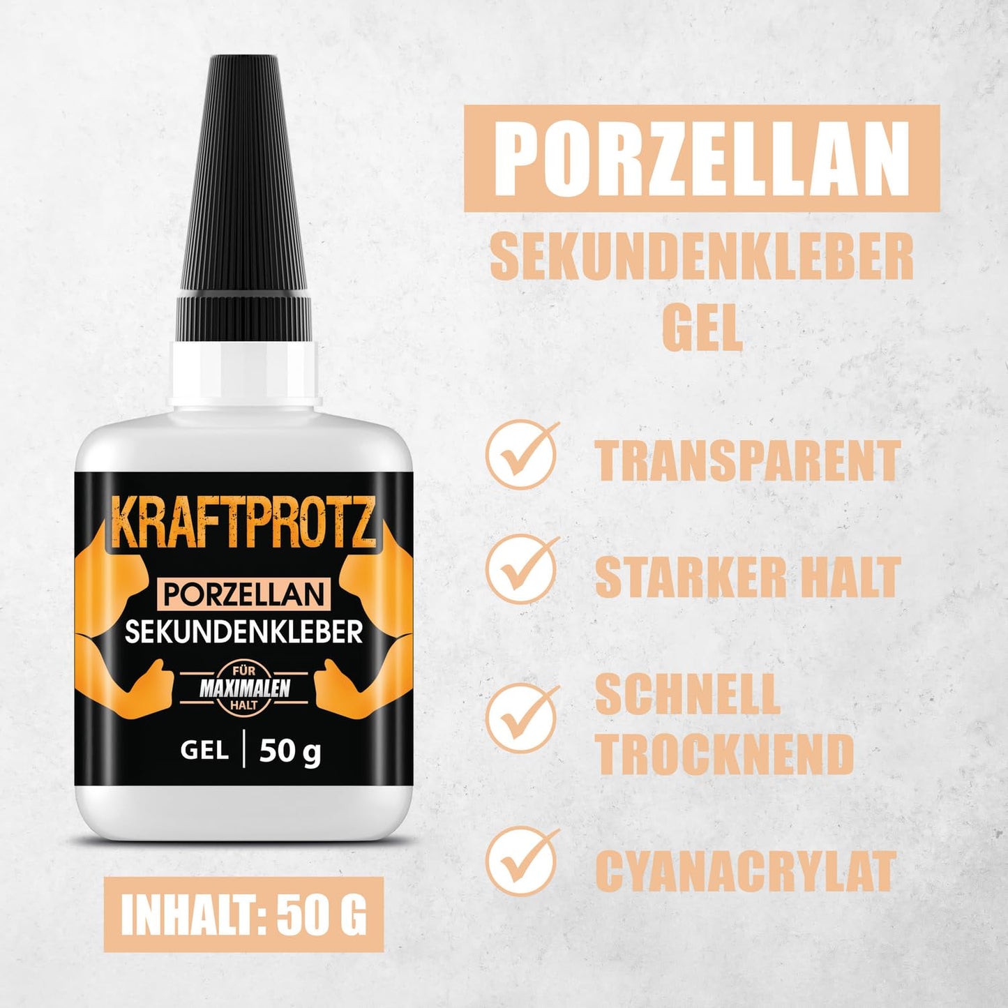 Sekundenkleber Gel für Keramik & Porzellan extra stark – XXL 50 g Superkleber – spülmaschinenfest, hitzebeständig – Anti-Austrocknungs-Spitze – KRAFTPROTZ Porzellankleber für Ton, Stein, Geschirr