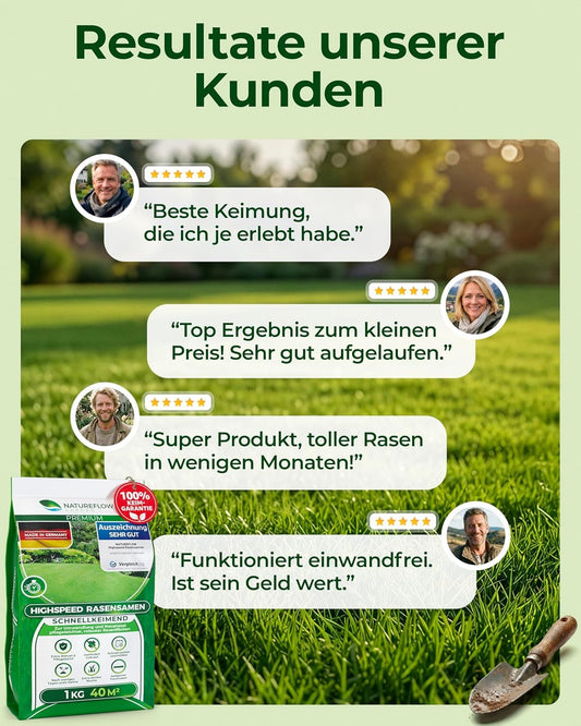 Rasensamen schnellkeimend Frühjahr & Sommer 1kg – TEST SEHR GUT – Grassamen schnellkeimend Rasen Nachsaat Made in Germany – Rasensaat 40qm - Rasensamen Frühjahr & Sommer Samen von Natureflow