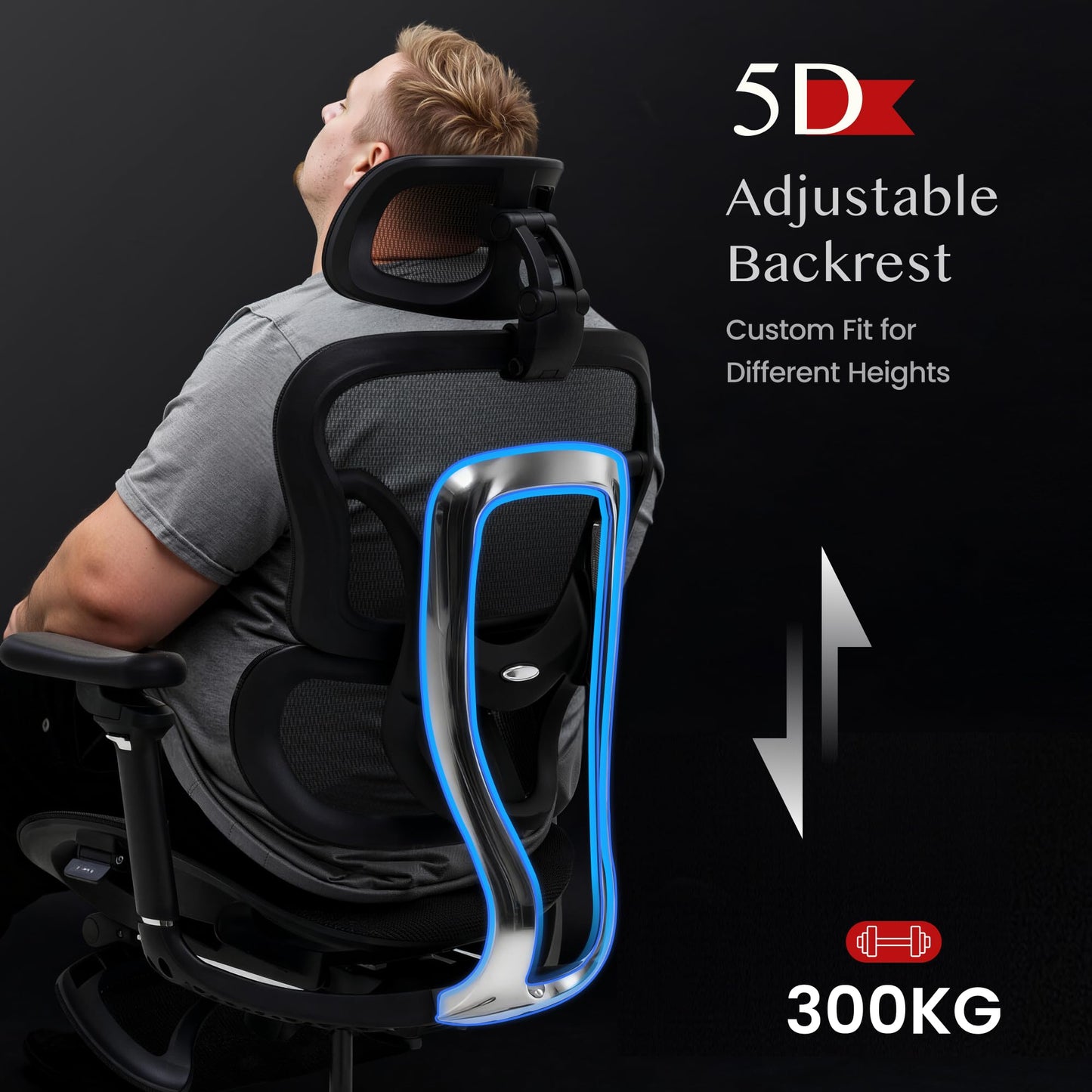FLEXISPOT Ergonomischer Stuhl bis 300 kg, mit Fußstütze 4D Kopfstütze & 5D Armlehnen,Einteiliger Rücken- & Lendenstütze Bürostuhl für Büro und Gaming, ErgoX Max, Schwarz