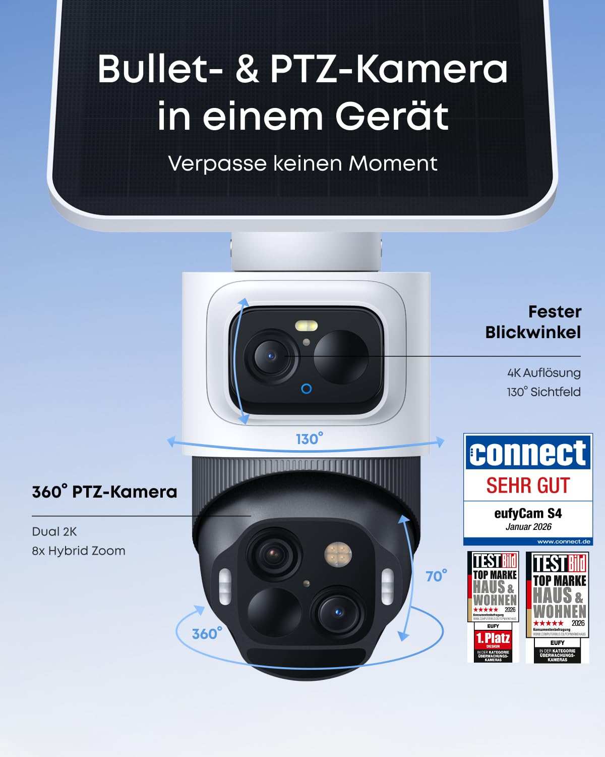 eufyCam S4 2‑Kamera‑Set, kabellose Solar‑Überwachungskamera außen, 3‑Linsen Bullet‑PTZ‑Kamera, 4K UHD, 360° Multi‑Kamera‑Tracking, Auto‑Tracking, 8× Hybridzoom, Farbnachtsicht, 16TB lokaler Speicher