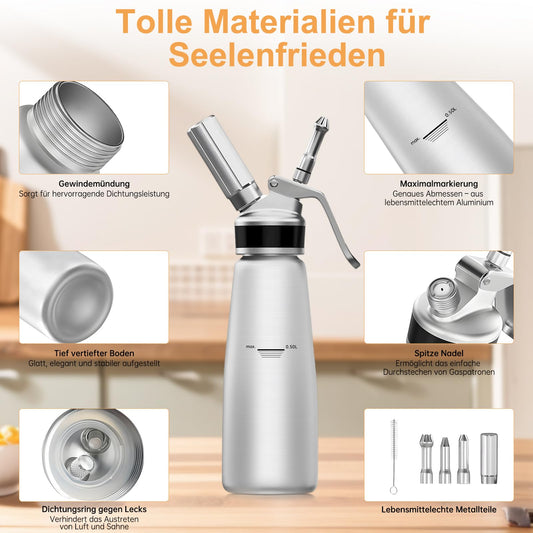 Aluminium Sahnespender, Auslaufsicher, mit Sahnekapseln & Reinigungsbürste, 500 ml