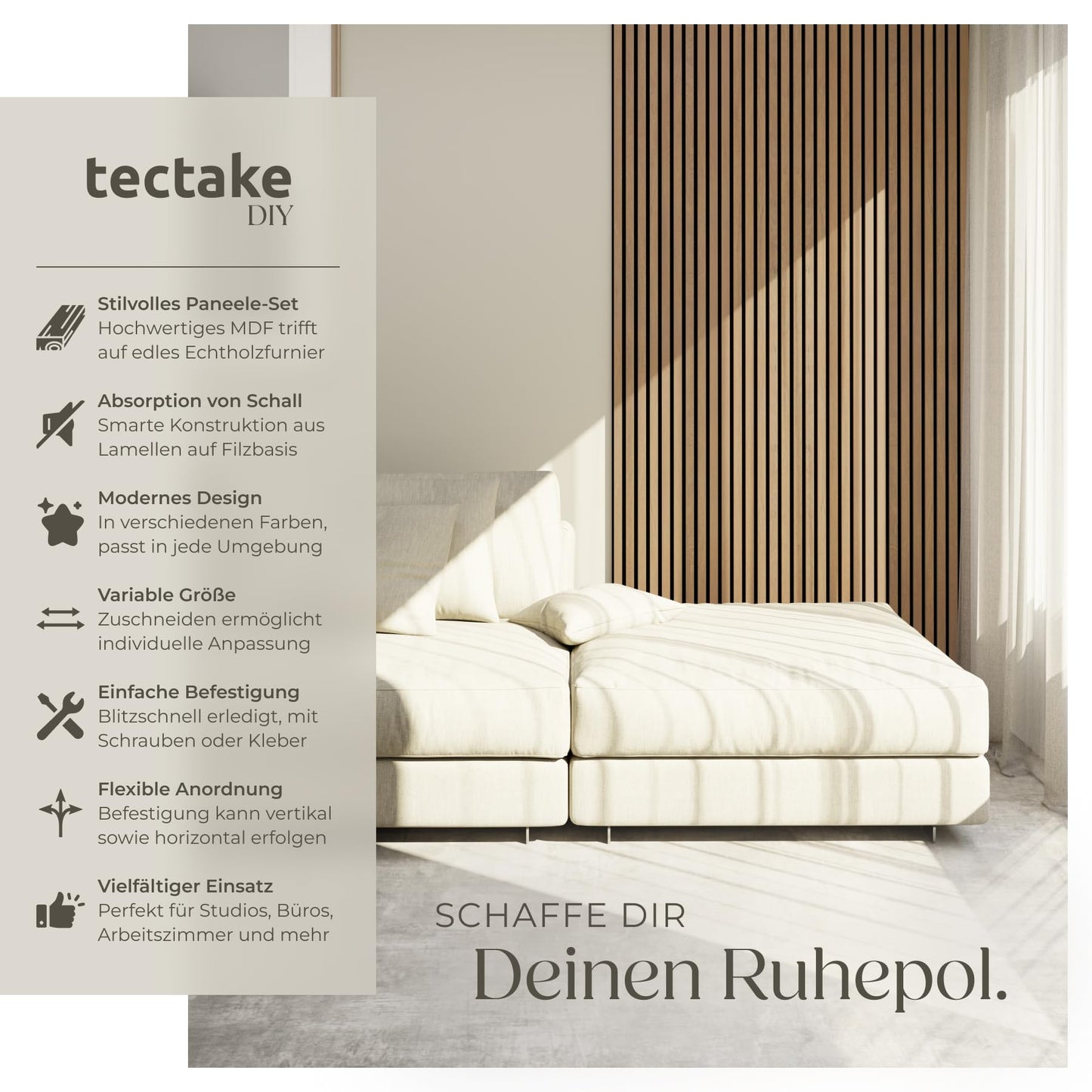 tectake® Akustikpaneele Echtholzfurnier 2er Set, Schallschutz, MDF Schallabsorber für Wand, Schalldämmung, Schallschutzplatten, Schalldämmplatten, Raumakustik, Geräuschdämmung, Wandpaneele - Eiche
