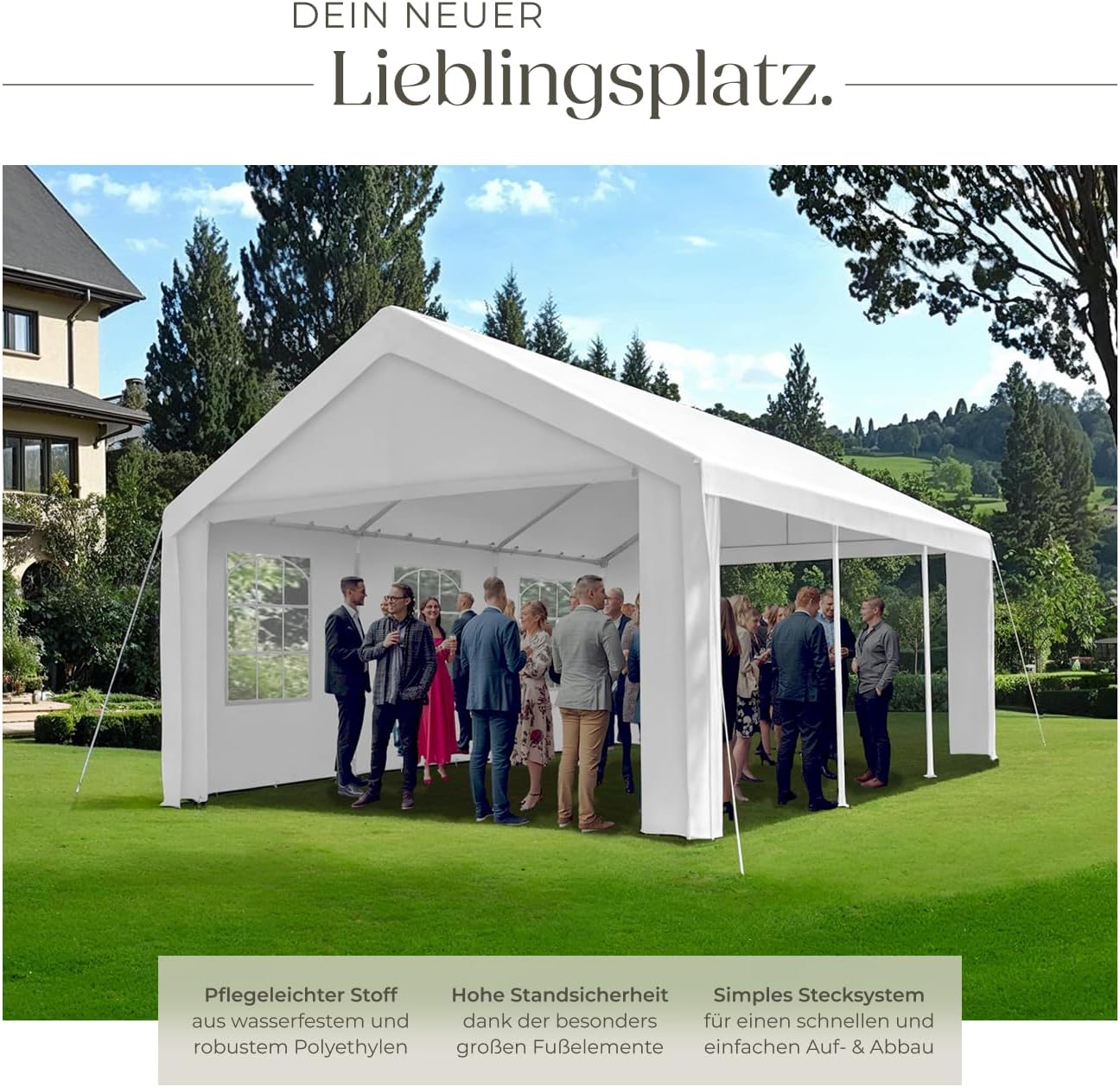 tectake® Pavillon, Partyzelt 4x6 m, 100% wasserdicht, Gartenpavillon mit 4 Seitenwänden, Festzelt mit UV-Schutz, Eventzelt, inkl. Erdnägel und Spannseile, für Festival, Hochzeit, Party - weiß