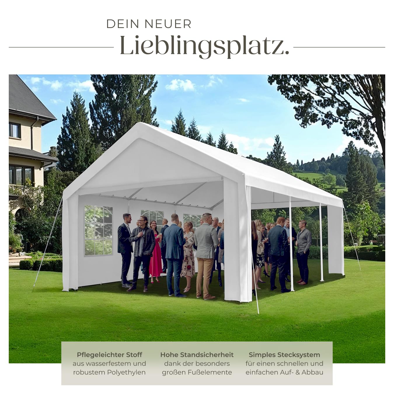 tectake® Pavillon, Partyzelt 4x6 m, 100% wasserdicht, Gartenpavillon mit 4 Seitenwänden, Festzelt mit UV-Schutz, Eventzelt, inkl. Erdnägel und Spannseile, für Festival, Hochzeit, Party - weiß