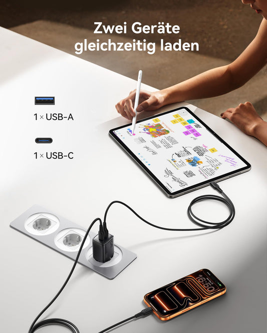30W USB C Ladegerät 2er Set Schnellladegerät mit Kabel GaN PD