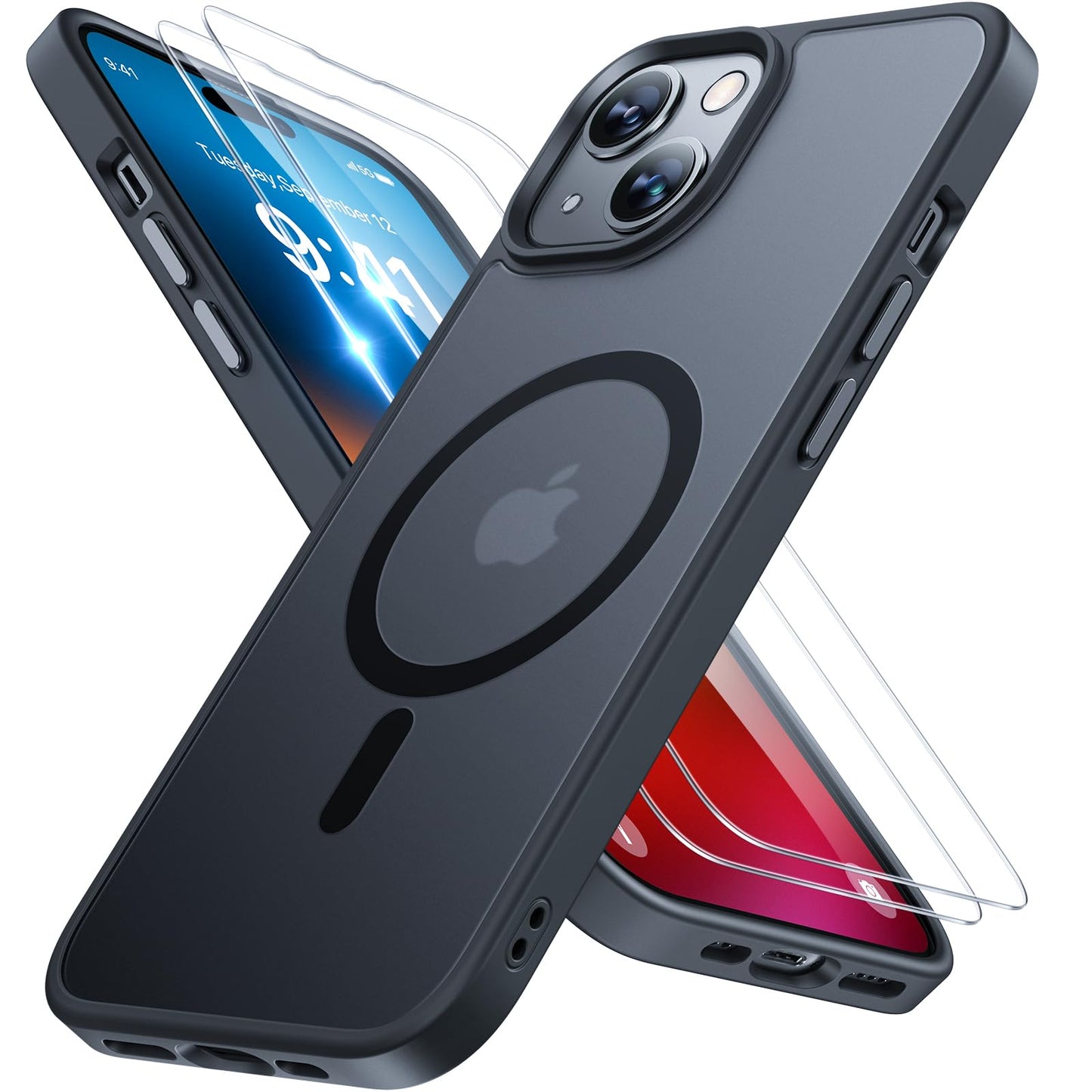 Miracase Magnetisch für iPhone 15 Hülle Kompatibel Mit MagSafe[mit 2 Schutzglas] Militärnorm Schutz Anti-Fingerabdruck Schlanke Ausführung Handyhülle für iPhone 15 6,1 Zoll, Schwarz
