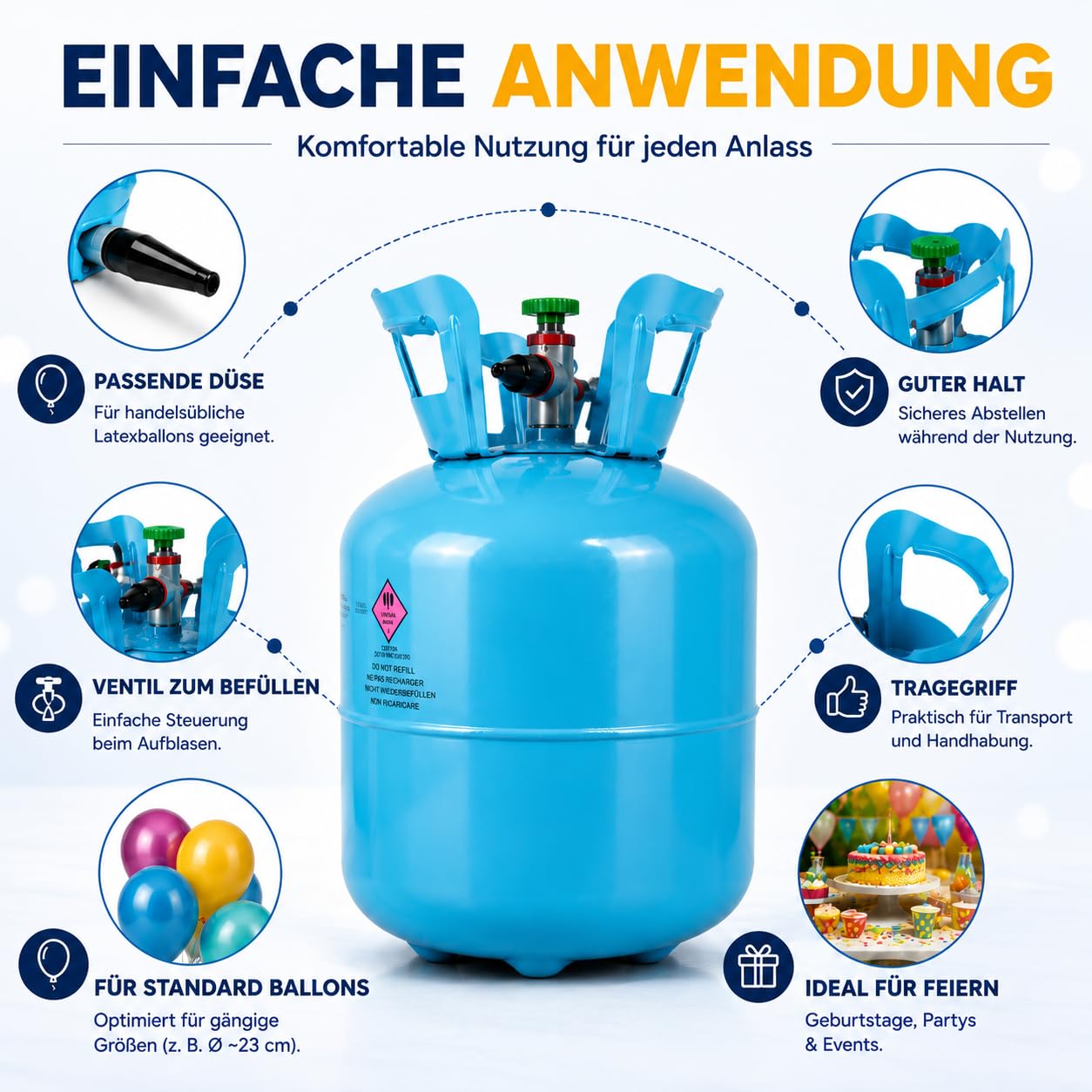 Ballongas [für 20 Luftballons]– Helium Balloon Gas für bis zu [20 Luftballons] – Ballongas - Helium Gasflasche klein inkl. STAHLMANN ® Informationsblatt