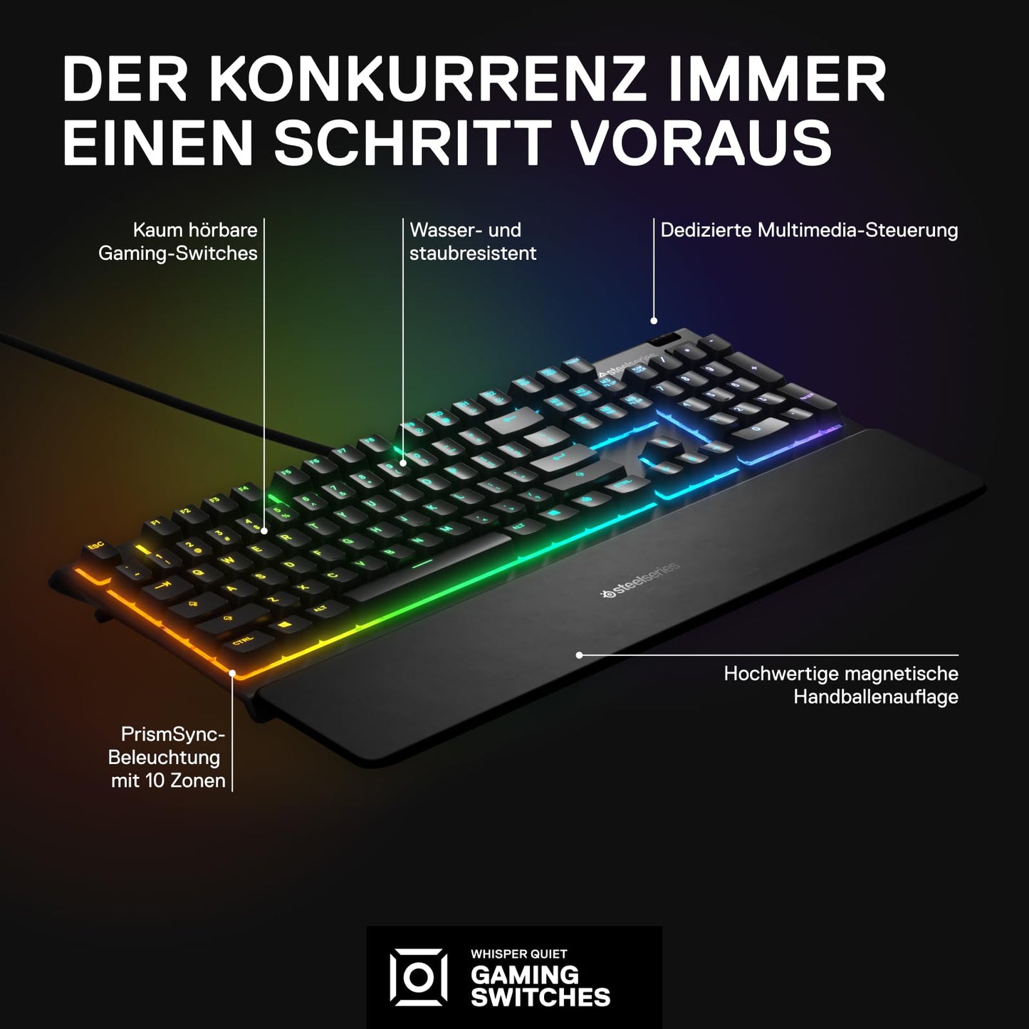 SteelSeries Apex 3 Gaming Tastatur - 10-Zonen RGB-Beleuchtung - Flüsterleise Gaming-Switches - Premium magnetische Handballenauflage - IP32 wassergeschützt - Deutsches (QWERTZ) Layout