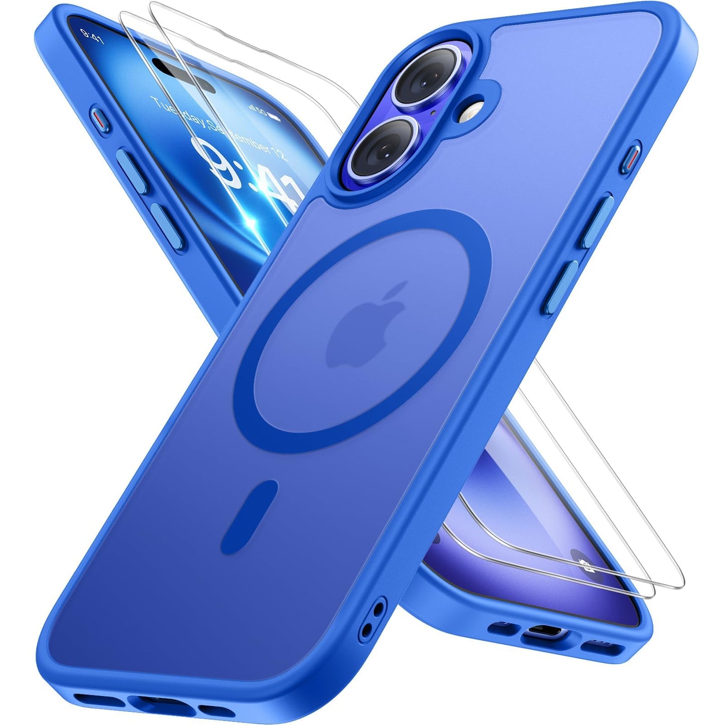 Miracase Magnetisch für iPhone 16 Hülle für Magsafe[mit 2 Schutzglas] Militärschutz Stoßfest Kratzfest Anti-Fingerabdruck Samtige Haptik Dünn Handyhülle für iPhone 16 6,1 Zoll,Leuchtendes Blau