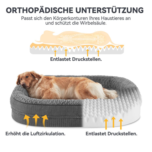 Pawk Orthopädisches Hundebett Grosse Hunde, 107x81cm Vierseitiges Nackenrolle Hundebett Orthopädisch, Memory Foam Hundekorb XL Wasserdicht rutschfest, Hundebetten Abnehmbar und Waschbar Outdoor, Gris