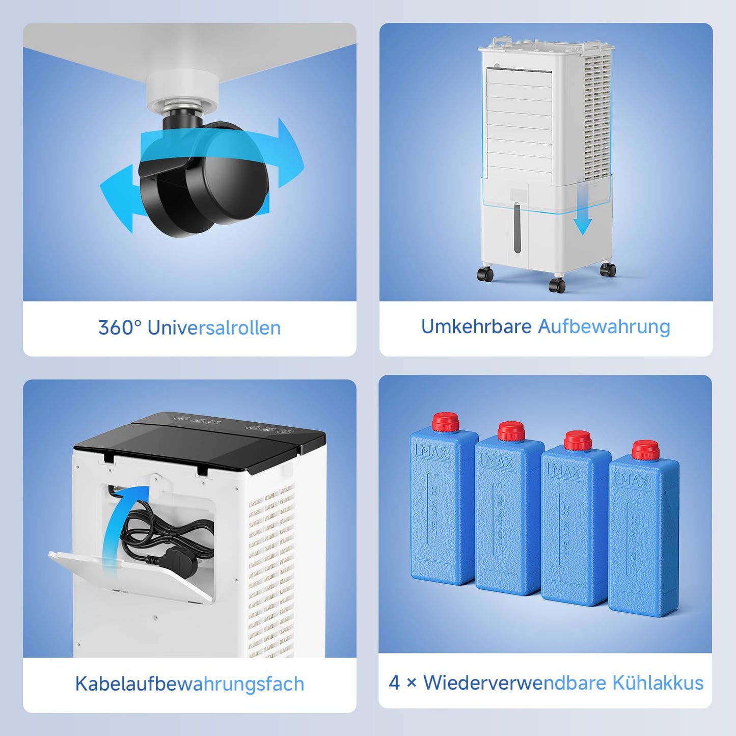 Klimagerät ohne Abluftschlauch 10L, 60W Klimaanlage Mobil, 12H Timer, klimaanlage ohne abluftschlauch 3 Modus, 120°Oszillation, Abnehmbare Wassertank, Tragbarer Luftkühler für Zuhause Büro Perlweiß