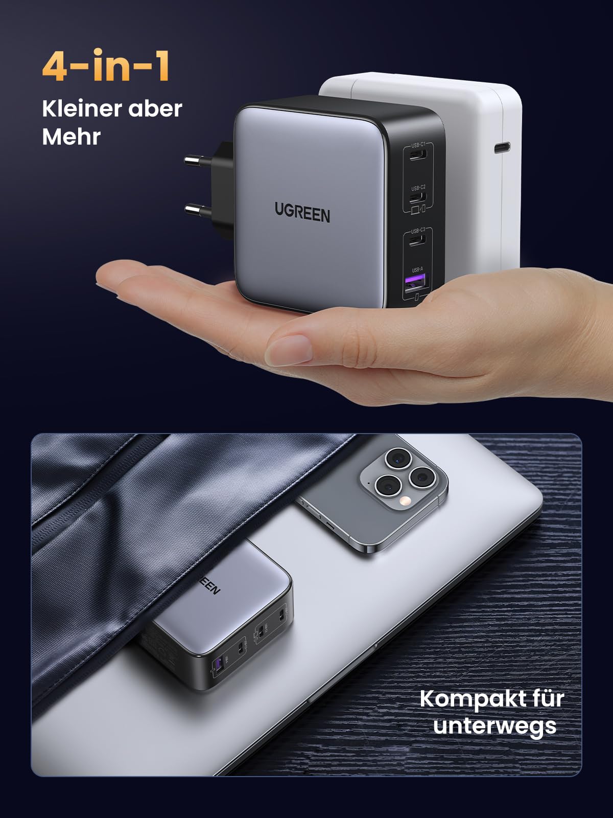 UGREEN Nexode 100W USB C Ladegerät 4 Ports Netzteil GaN Charger PD Schnellladegerät kompatibel mit MacBook Pro, iPhone 17-8 Serien, iPad Serien, Galaxy S25 Ultra, S24+ usw