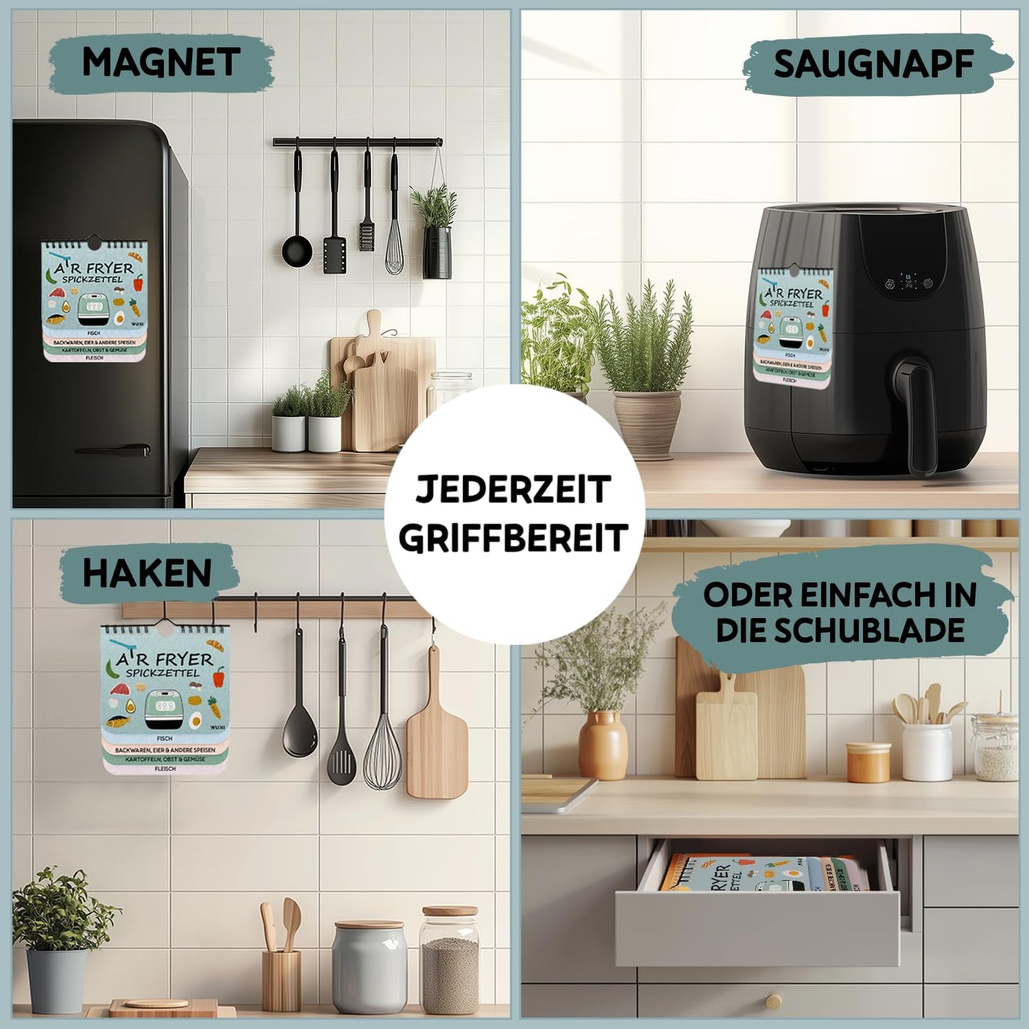 Kompakter Airfryer Spickzettel mit 127 Rezepten und Garzeiten