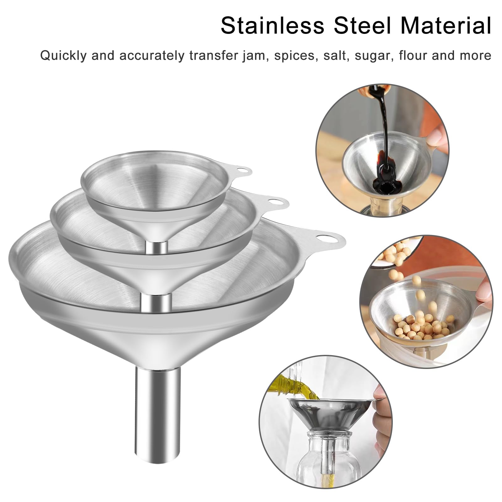 3 teiliges Edelstahl Trichter Set mit Griff und Reinigungsbürste für Küche-Nutabevr