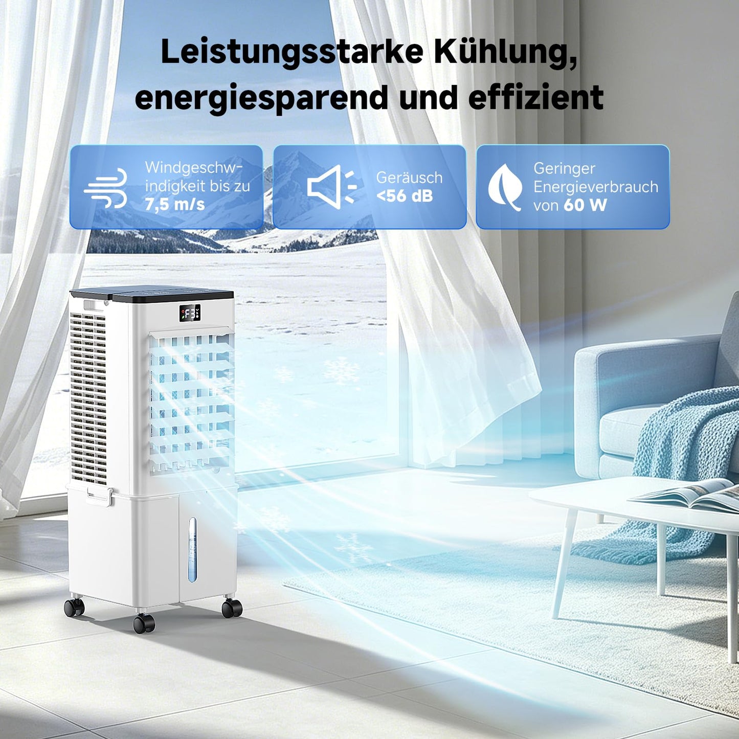Klimagerät ohne Abluftschlauch 10L, 60W Klimaanlage Mobil, 12H Timer, klimaanlage ohne abluftschlauch 3 Modus, 120°Oszillation, Abnehmbare Wassertank, Tragbarer Luftkühler für Zuhause Büro Perlweiß