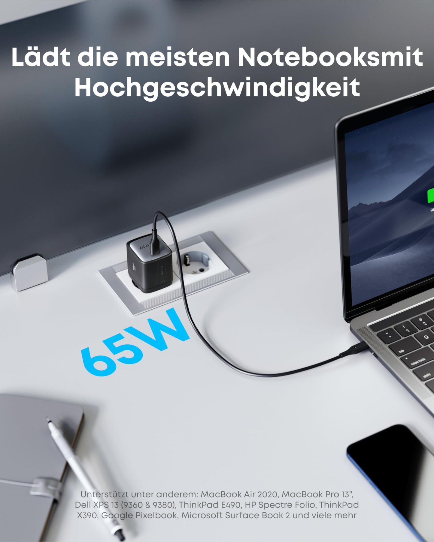 Anker Nano II 65W USB C Ladegerät Netzteil mit Schnellladeleistung, GaN II Technologie, Kompatibel mit MacBook Pro/Air, Galaxy S20/S10, iPhone 17/Pro/iPhone Air/16/15, iPad, Pixel (Schwarz)