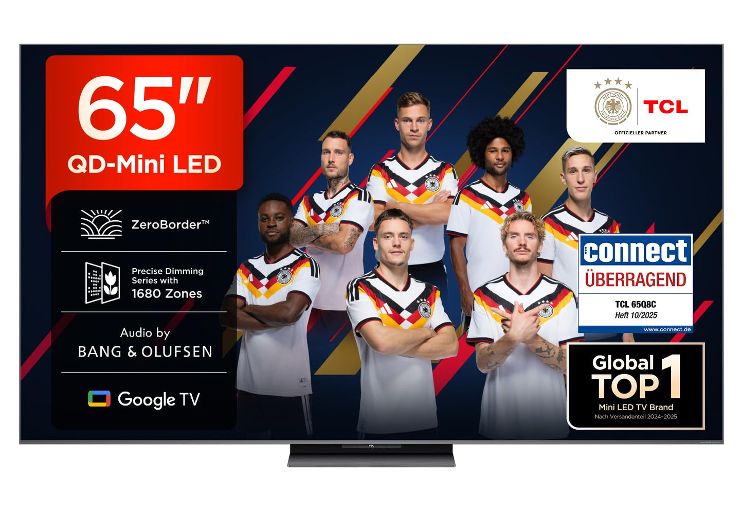 TCL 65Q8C 65 Zoll QD-Mini LED-Fernseher, 4K HDR Premium 4500, ZeroBorder™, Smart Google TV, CrystGlow WHVA-Panel, Audio von Bang & Olufsen, 144Hz Motion Clarity Pro, Dolby Vision IQ & Atmos