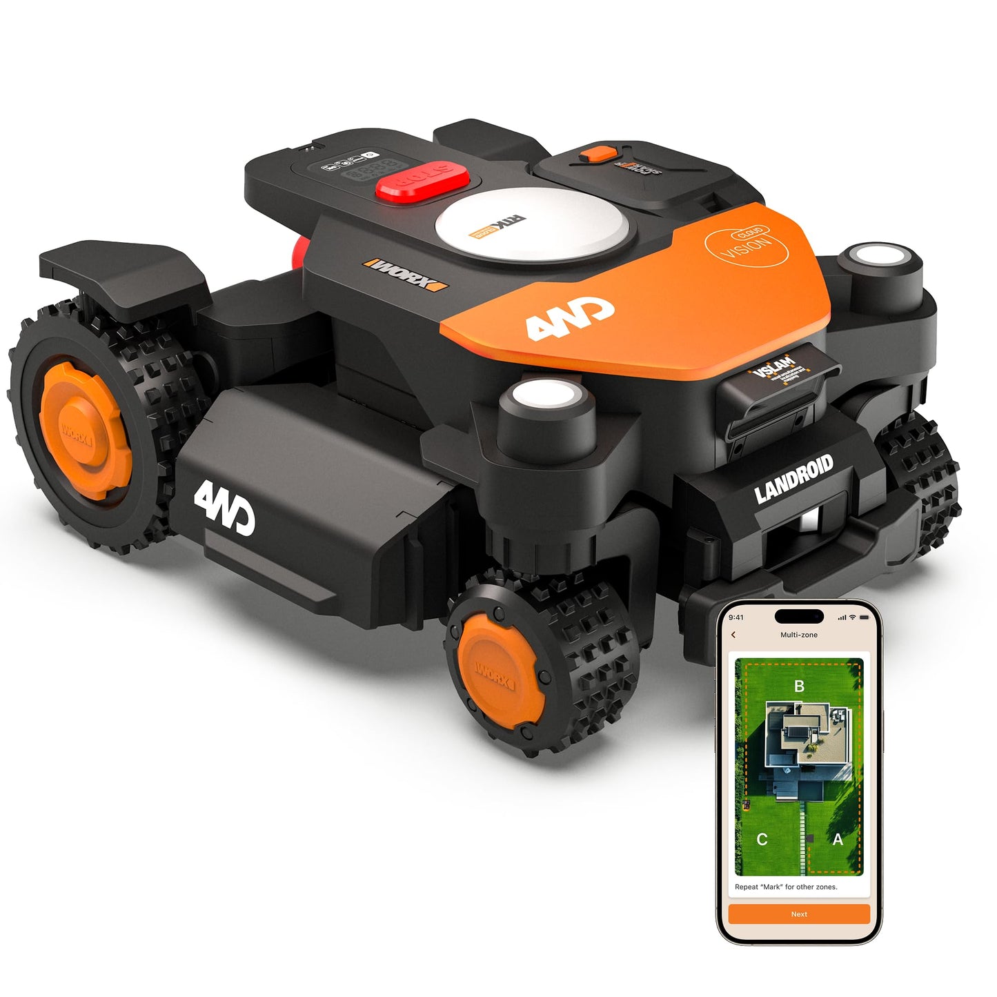 WORX Landroid Vision Cloud WR342E 4WD Mähroboter ohne Begrenzungskabel für 2000 m² (KI-Hinderniserkennung, VSLAM+ RTK Cloud Navigation, 84% Steigung, Auto-Mapping, App-Steuerung, RadioLink)