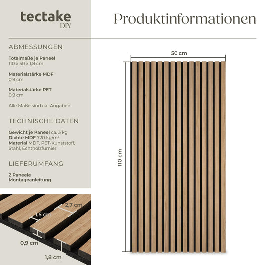 tectake® Akustikpaneele Echtholzfurnier 2er Set, Schallschutz, MDF Schallabsorber für Wand, Schalldämmung, Schallschutzplatten, Schalldämmplatten, Raumakustik, Geräuschdämmung, Wandpaneele - Eiche