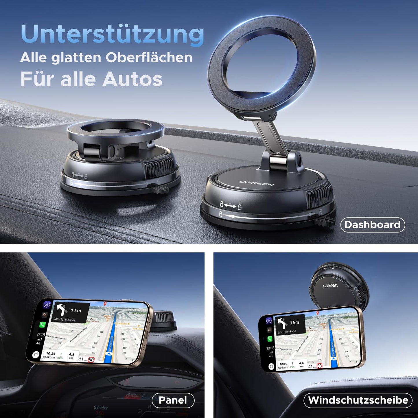 UGREEN Handyhalterung Auto für Magsafe Autohalterung mit N55 Starker Magnet, Handy Halterung Auto mit Vakuum Saugnapf & Nano-Gel-Pad Kompatibel mit iPhone 17 16 15 14 13 12 Pro Max