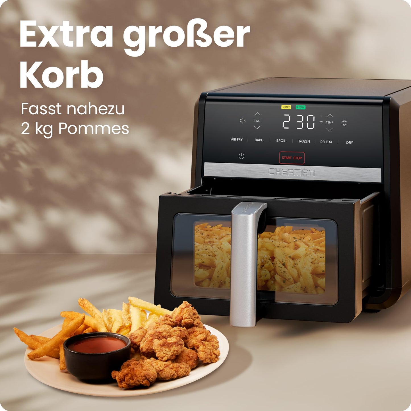Chefman Heißluftfritteuse TurboFry, 8,5 l, 6-in-1-Hochleistungsgerät, 230 °C, XL-Korb mit Sichtfenster, Heißluftfrittieren, Backen, Grillen, Aufwärmen, Hydrieren, Auftauen, Schwarz