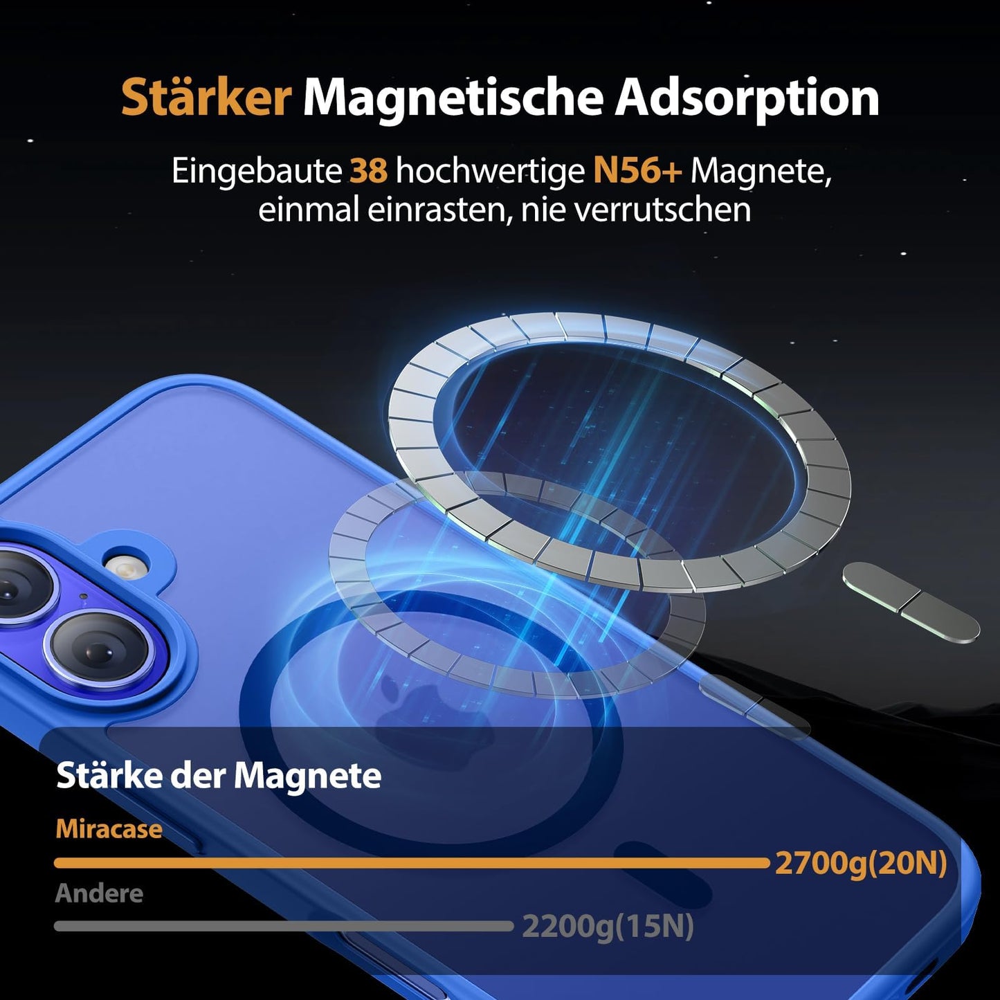 Miracase Magnetisch für iPhone 16 Hülle für Magsafe[mit 2 Schutzglas] Militärschutz Stoßfest Kratzfest Anti-Fingerabdruck Samtige Haptik Dünn Handyhülle für iPhone 16 6,1 Zoll,Leuchtendes Blau