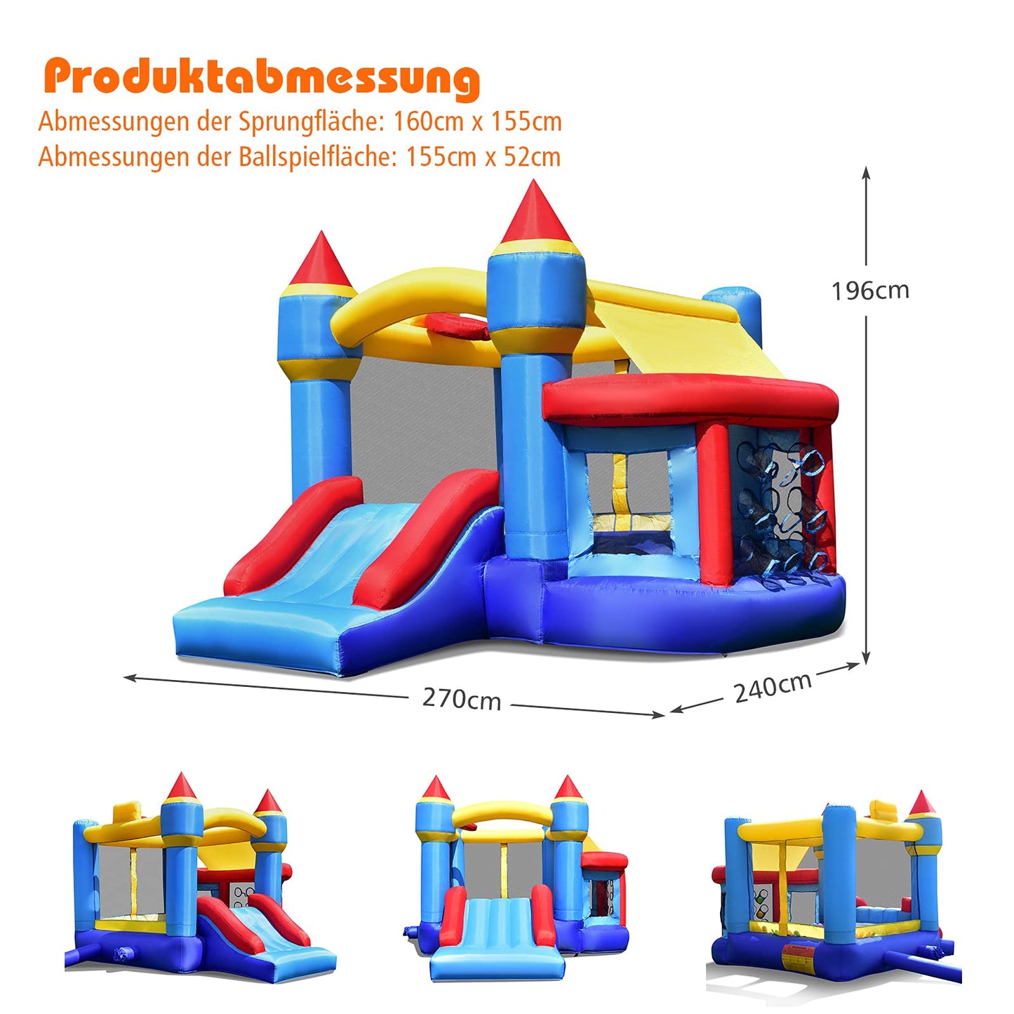 COSTWAY Kinder aufblasbare Hüpfburg, Hüpfburg mit Rutsche, Ballgrube, Reparaturflicken, Aufbewahrungstasche, Kinder-Hüpfburg für Hinterhof, Indoor & Outdoor-Einsatz 270x240x196cm