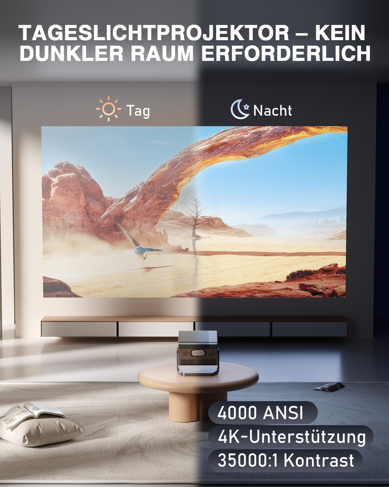 Smart Beamer 4K【Offiziell APPs & Dolby Audio】 4000ANSI Auto Fokus/6D Trapezkorrektur Video Projector Full HD 1080P, WiFi6 Bluetooth Unterstützt 4K Video Beamer Heimkino/Outdoor für Handy Projektor