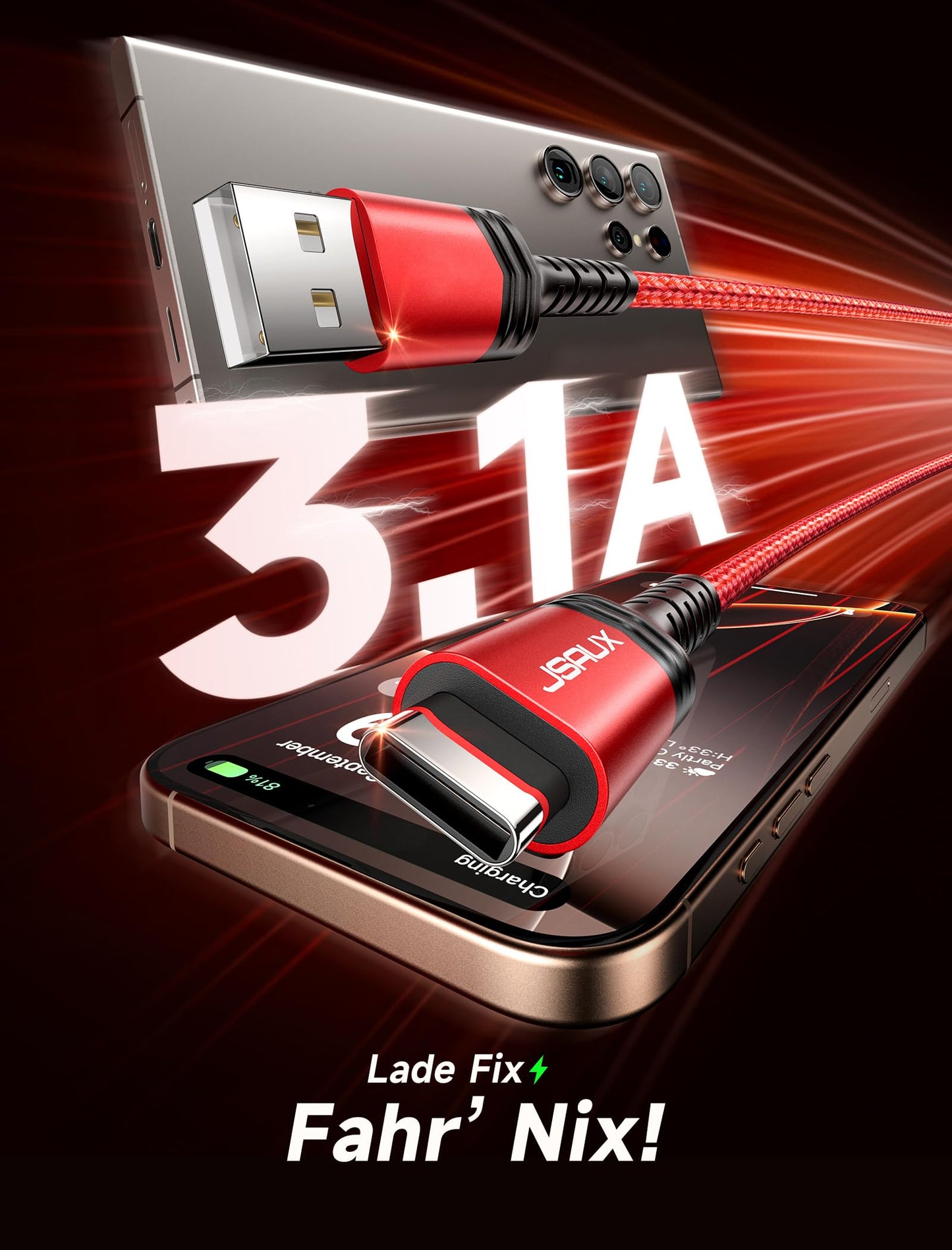 Robustes USB C Schnellladekabel 2 Meter Rot 2er Set