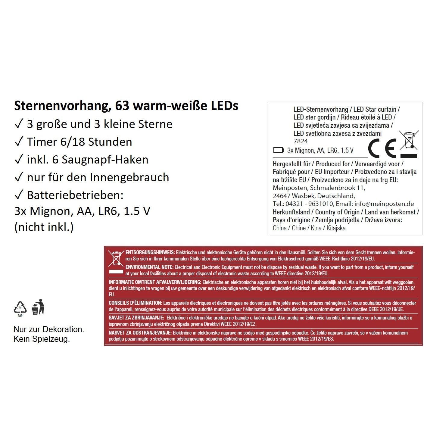 Lichterkette Sternenvorhang LED warmweiß Lichtervorhang 100x80cm Batterie Timer