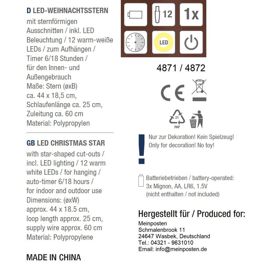 Stern Weihnachtsstern 12 LED 44cm innen außen Timer Rot