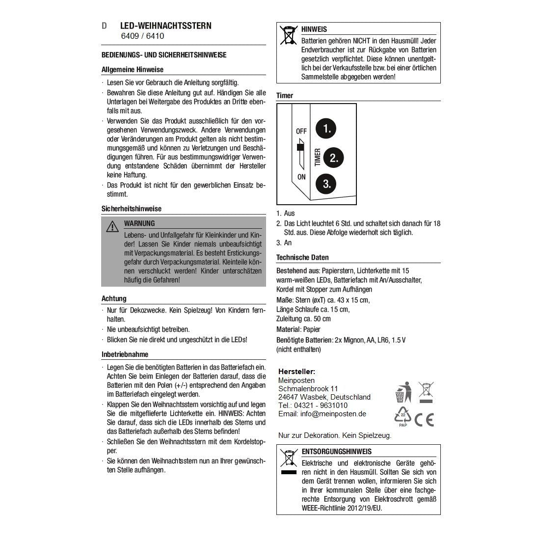 Dekorativer Papier Weihnachtsstern mit LED Beleuchtung 43 cm