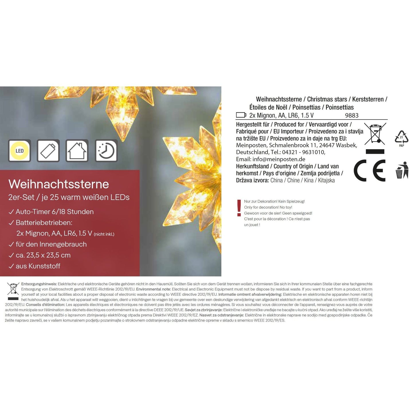 Weihnachten Stern LED 2er Set Beleuchtung Timer warmweiß Lichterkette innen