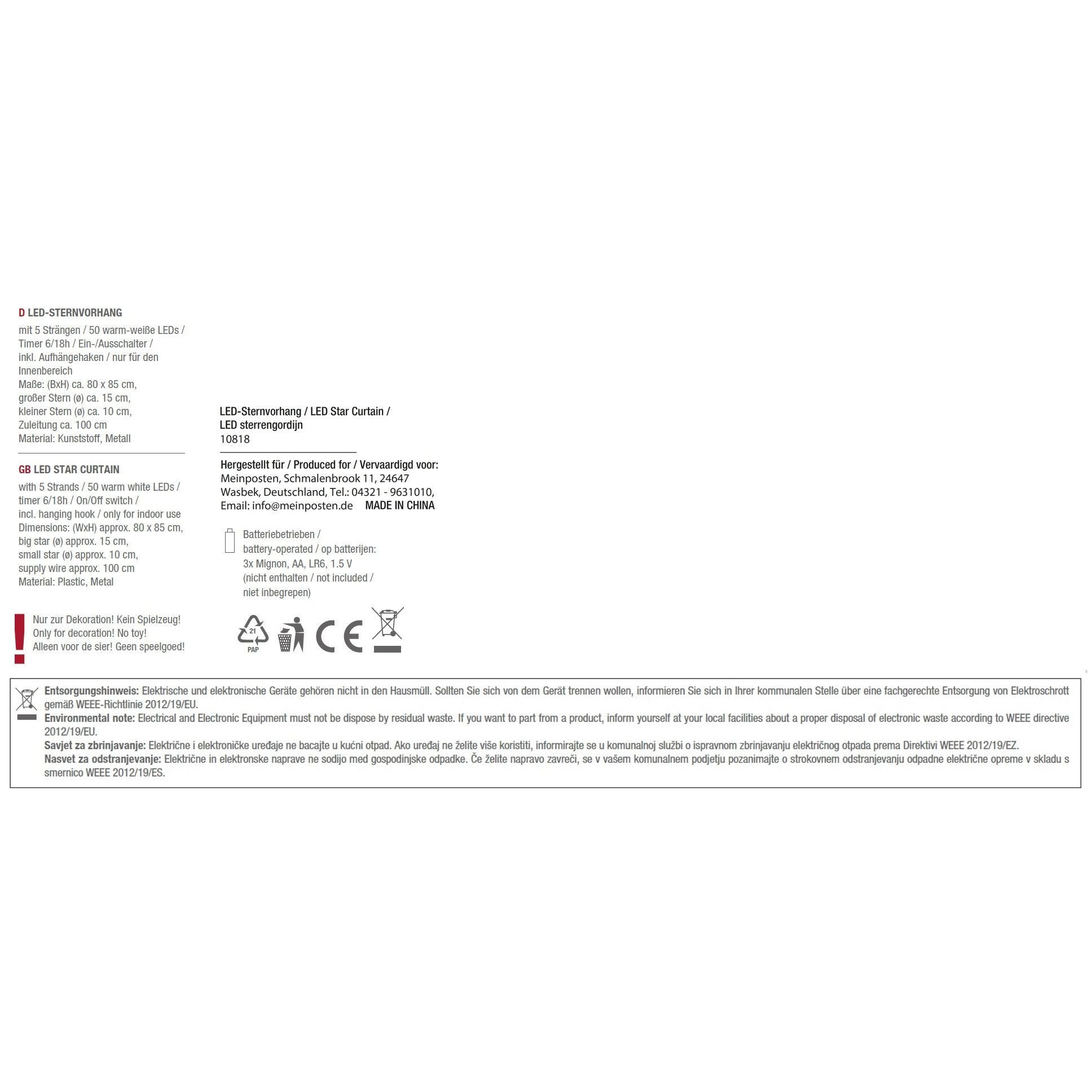 Sternenvorhang Lichterkette LED Timer Batterie 80x85 cm