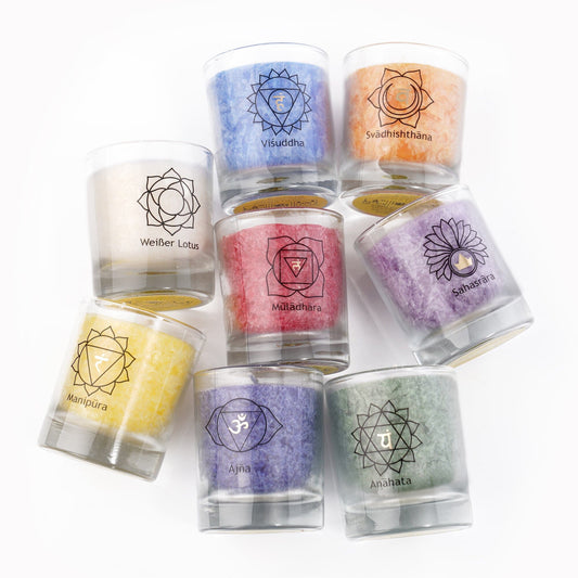 Chakra Palmwachs Kerzen Set im Glas fuer Yoga und Entspannung
