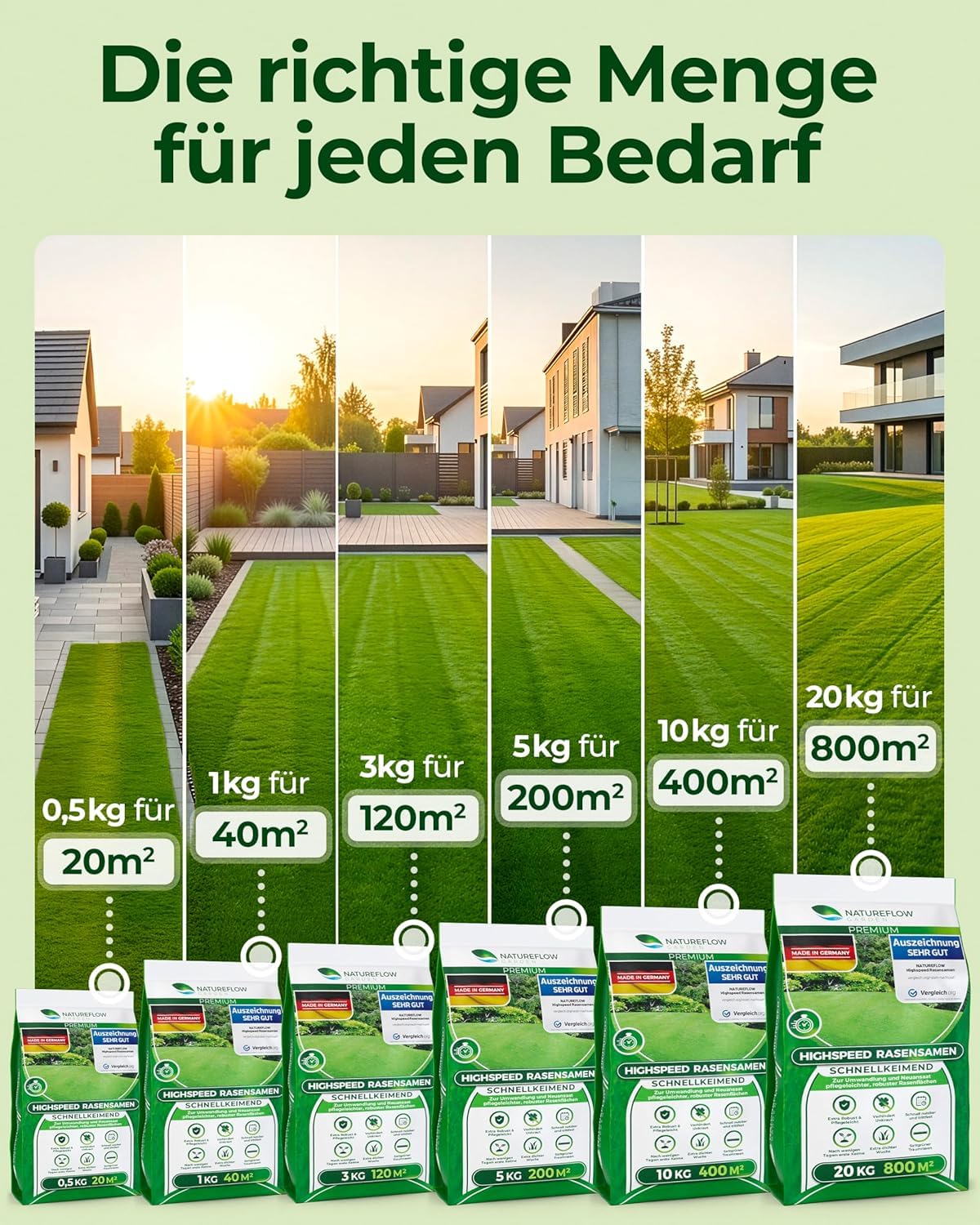 Rasensamen schnellkeimend Frühjahr & Sommer 1kg – TEST SEHR GUT – Grassamen schnellkeimend Rasen Nachsaat Made in Germany – Rasensaat 40qm - Rasensamen Frühjahr & Sommer Samen von Natureflow