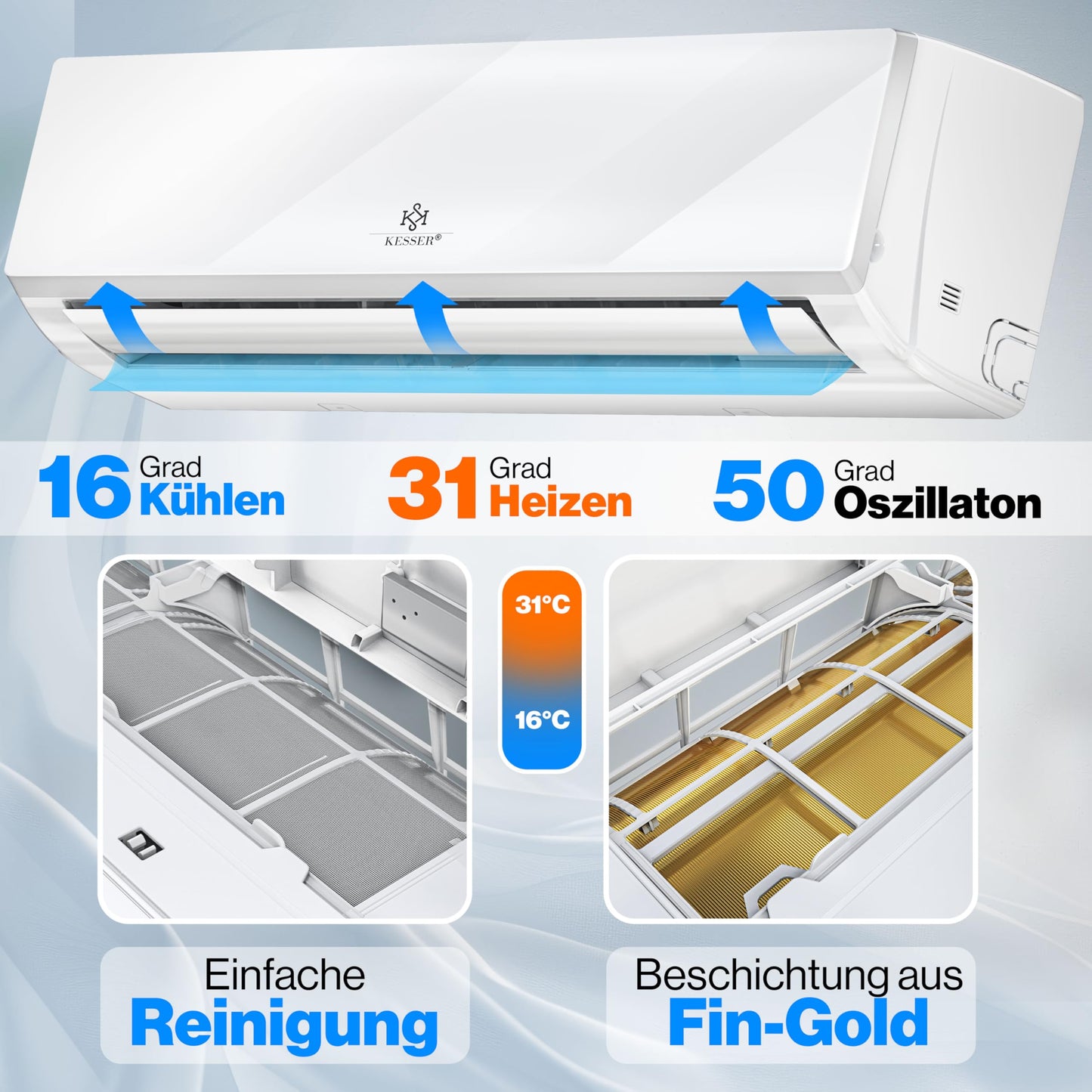 KESSER® Klimaanlage Set Split, WiFi/App Funktion Klimagerät, Kühlen A++/Heizen A+, 12000 BTU/h (3.400W) sehr leise, Kältemittel R32, Fernbedienung, Timerfunktion, Montagematerial, Weiß
