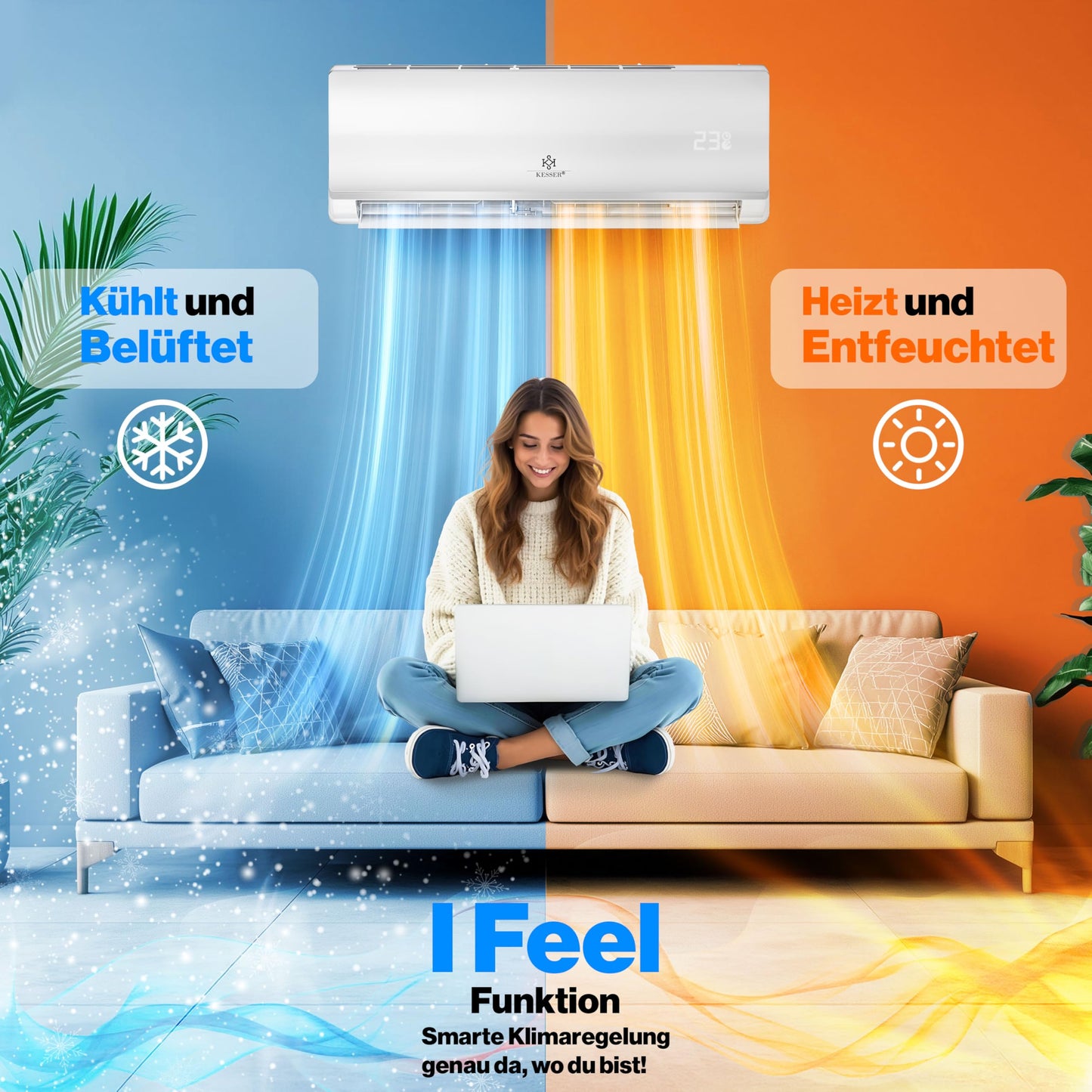 KESSER® Klimaanlage Set Split, WiFi/App Funktion Klimagerät, Kühlen A++/Heizen A+, 12000 BTU/h (3.400W) sehr leise, Kältemittel R32, Fernbedienung, Timerfunktion, Montagematerial, Weiß
