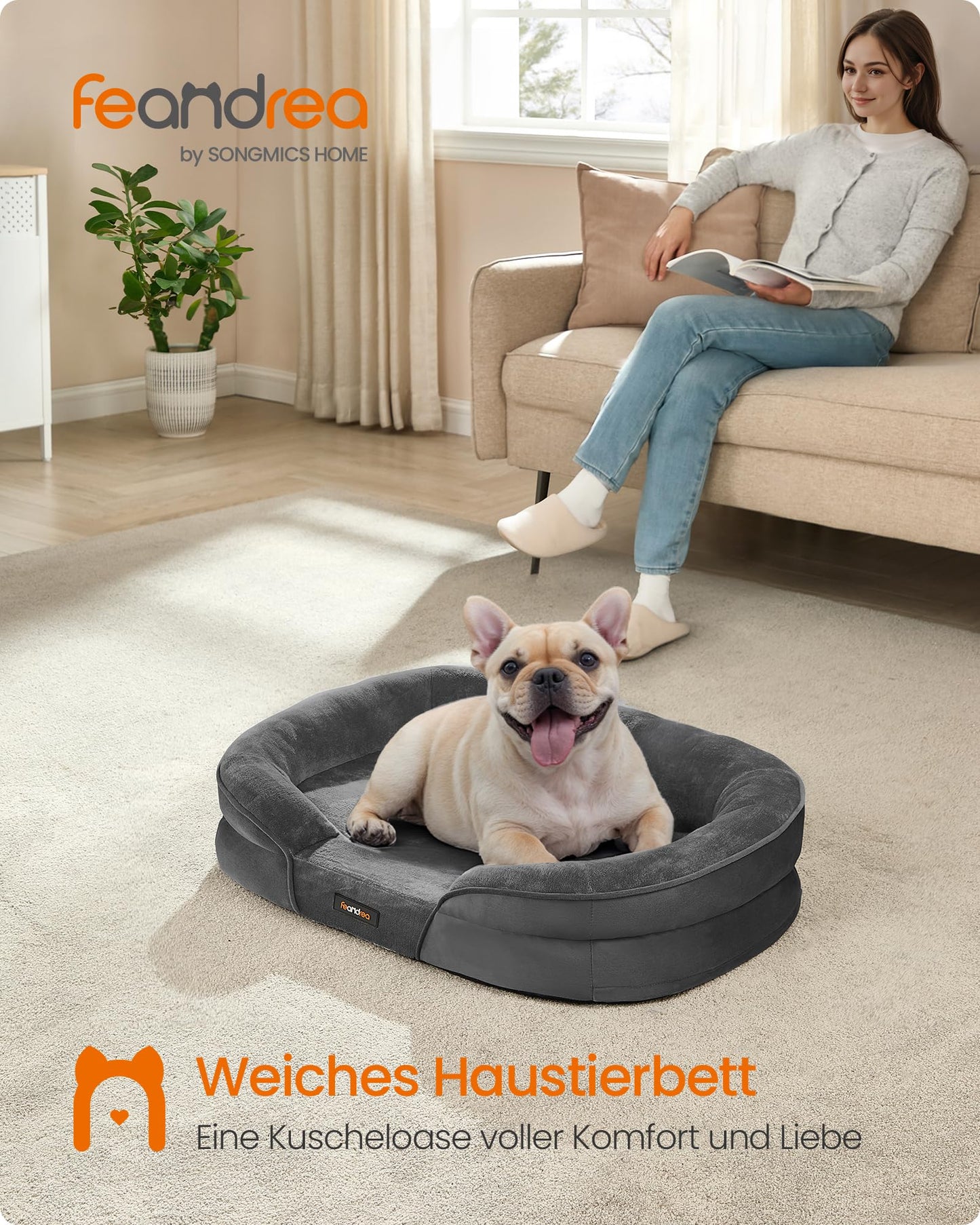Feandrea Hundebett, Hundekissen, für mittelgroße Hunde, 76 x 51 x 18 cm, orthopädisch, wasserdichte Innenschicht, erhöhte Ränder, Abnehmbarer, waschbarer Bezug, rutschfest, schiefergrau PGW281GN01