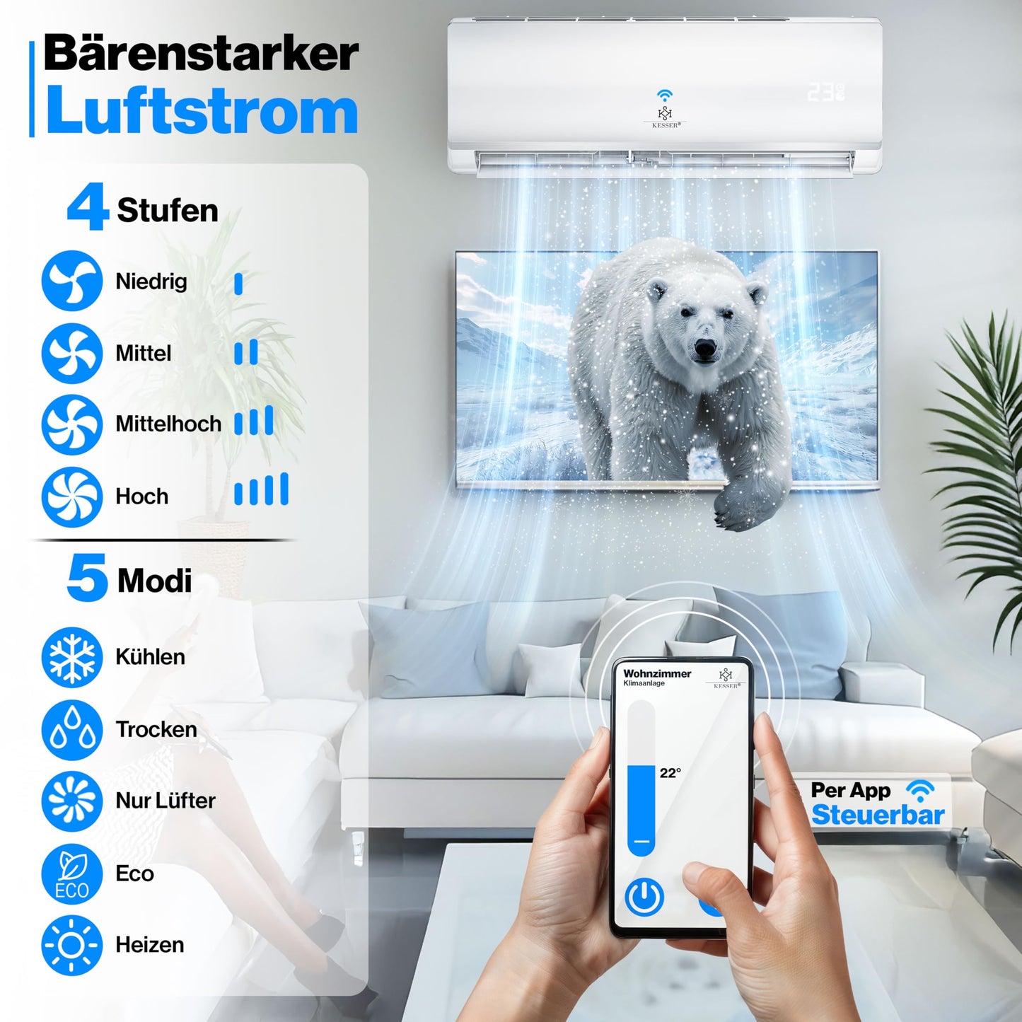 KESSER® Klimaanlage Set Split, WiFi/App Funktion Klimagerät, Kühlen A++/Heizen A+, 12000 BTU/h (3.400W) sehr leise, Kältemittel R32, Fernbedienung, Timerfunktion, Montagematerial, Weiß