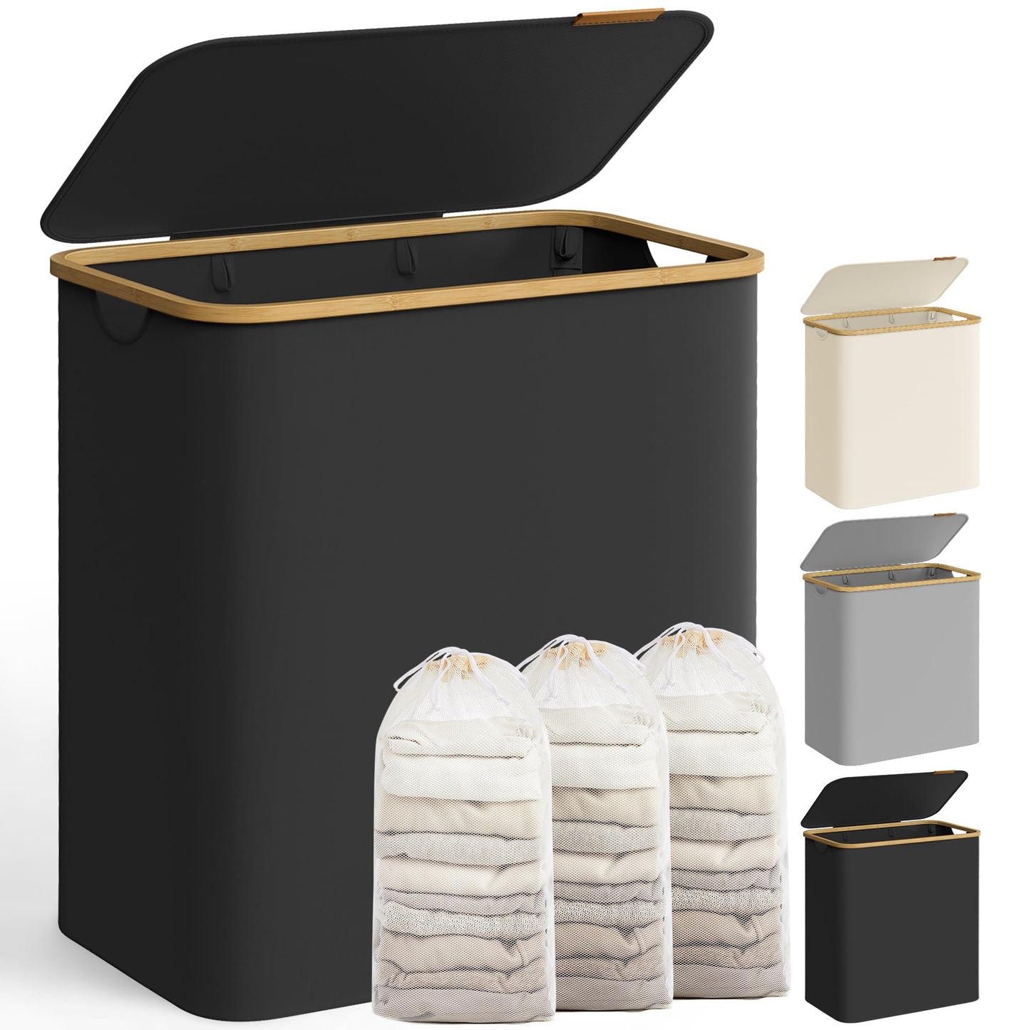 SONGMICS Wäschekorb mit Deckel, Wäschesammler mit 3 Fächern, 150 L, herausnehmbarer Wäschesack, Oxford-Gewebe, Griffe aus Bambus, zusammenklappbar, 60 x 38,5 x 70,5 cm, tintenschwarz LCB515B01