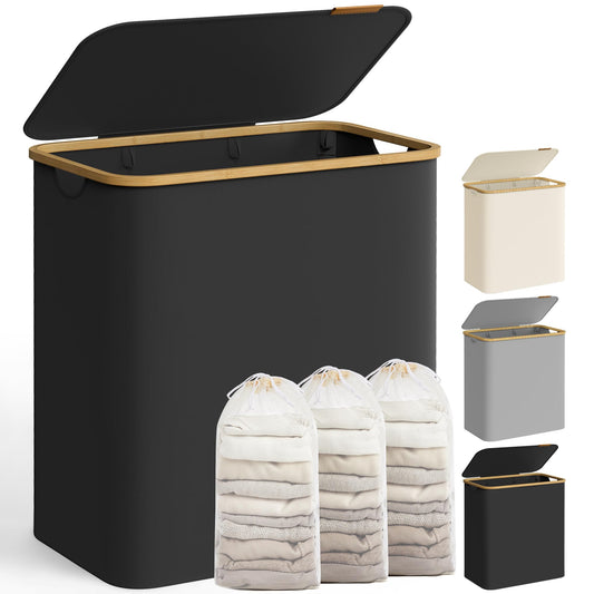 SONGMICS Wäschekorb mit Deckel, Wäschesammler mit 3 Fächern, 150 L, herausnehmbarer Wäschesack, Oxford-Gewebe, Griffe aus Bambus, zusammenklappbar, 60 x 38,5 x 70,5 cm, tintenschwarz LCB515B01
