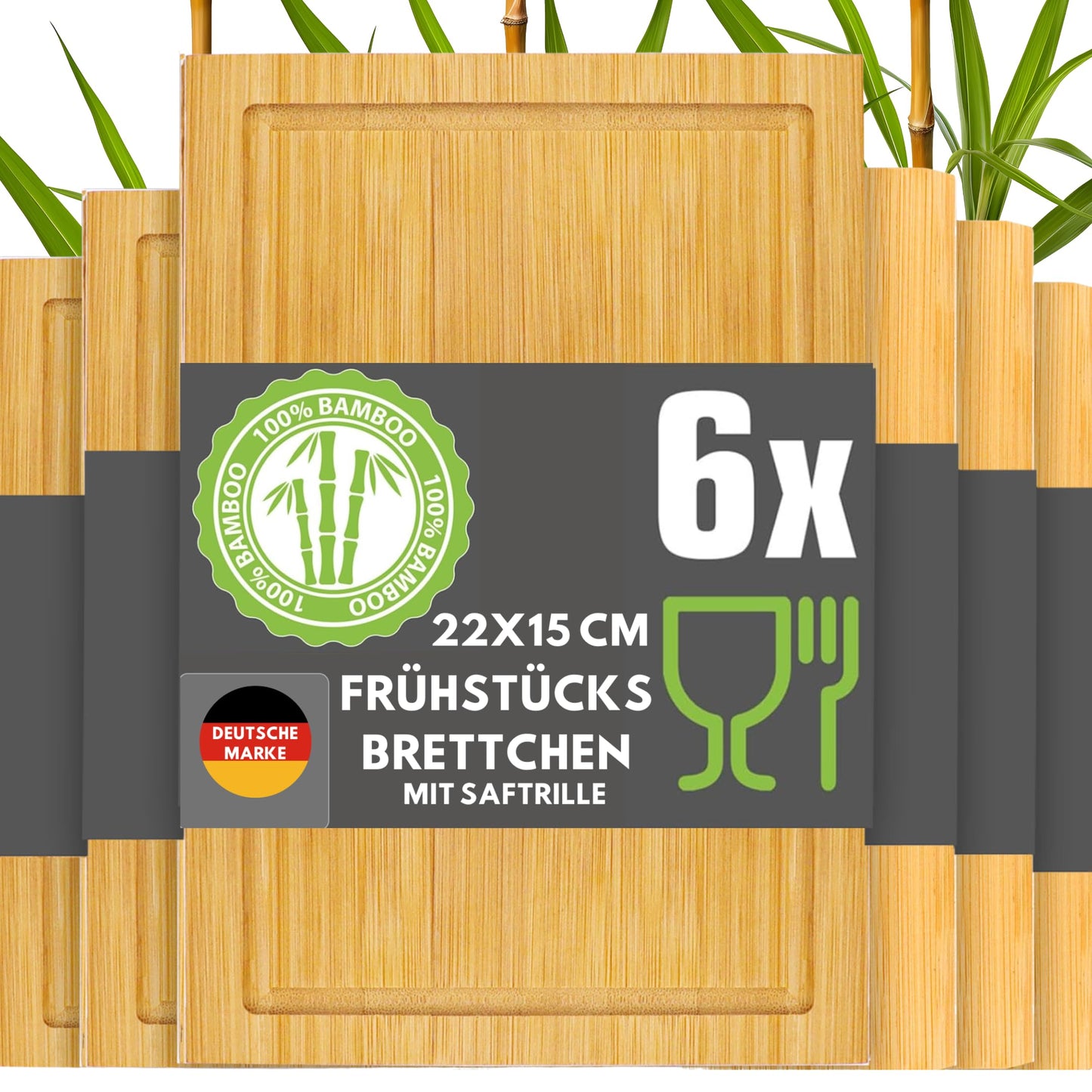 DuneDesign Bambus Frühstücksbrettchen 6er Set klein mit Saftrille 22x15 cm-DuneDesign